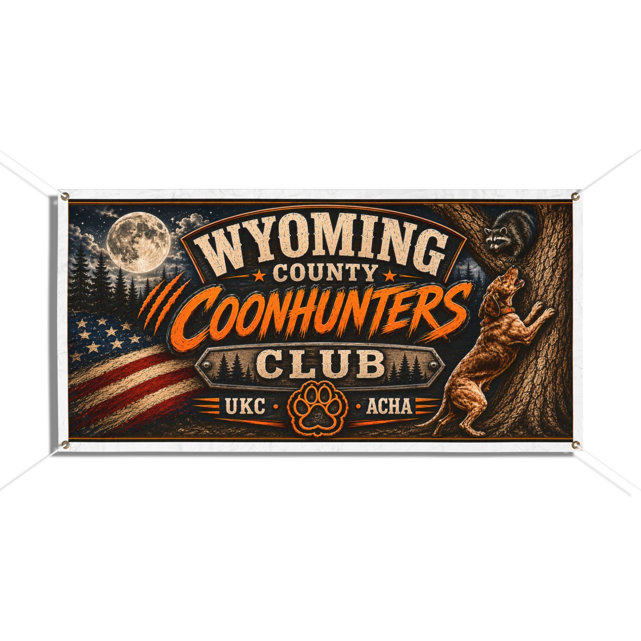 Wyoming County Coonhunters Club Vinyl Banner – Rustic American Hunting Sign