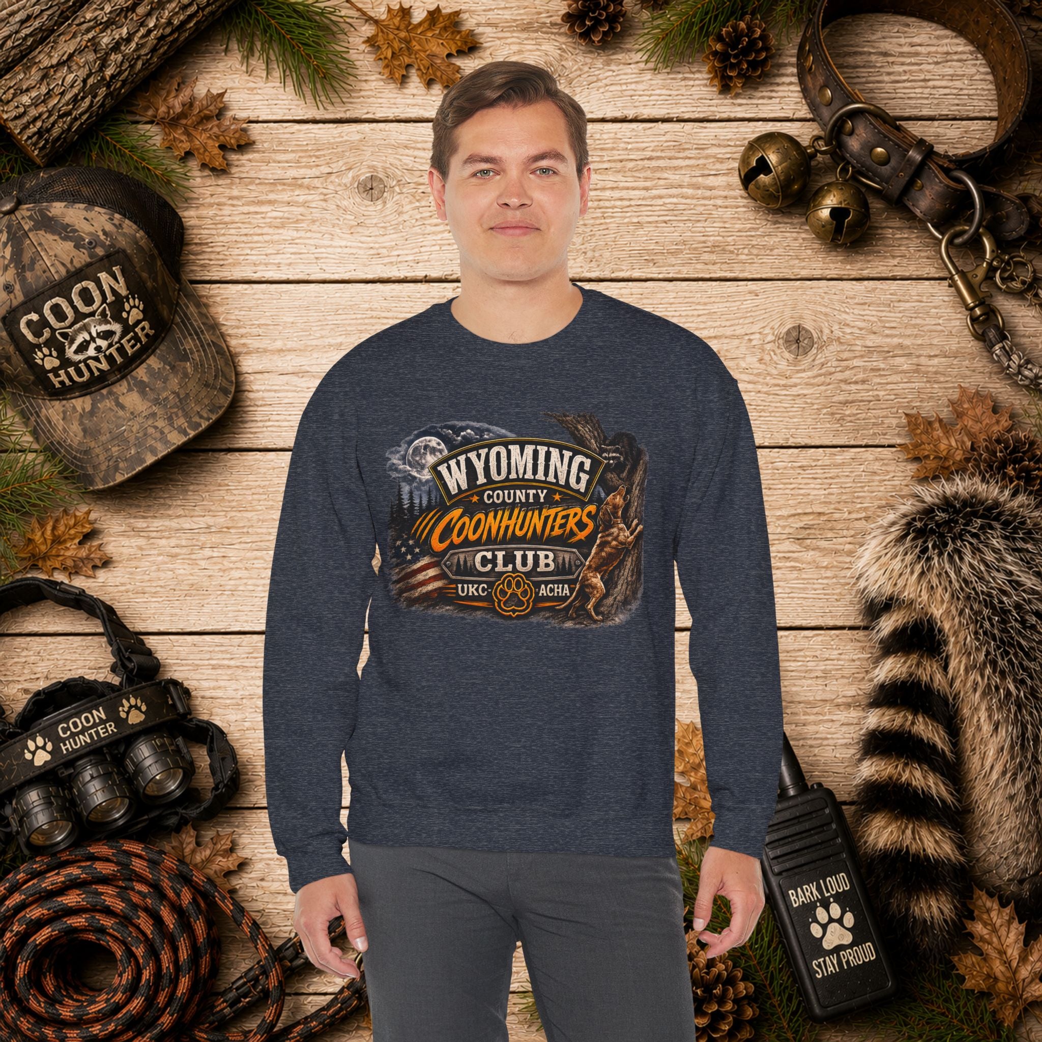 Wyoming County Coonhunters Club Sweatshirt Daul print Banner front/Badge back