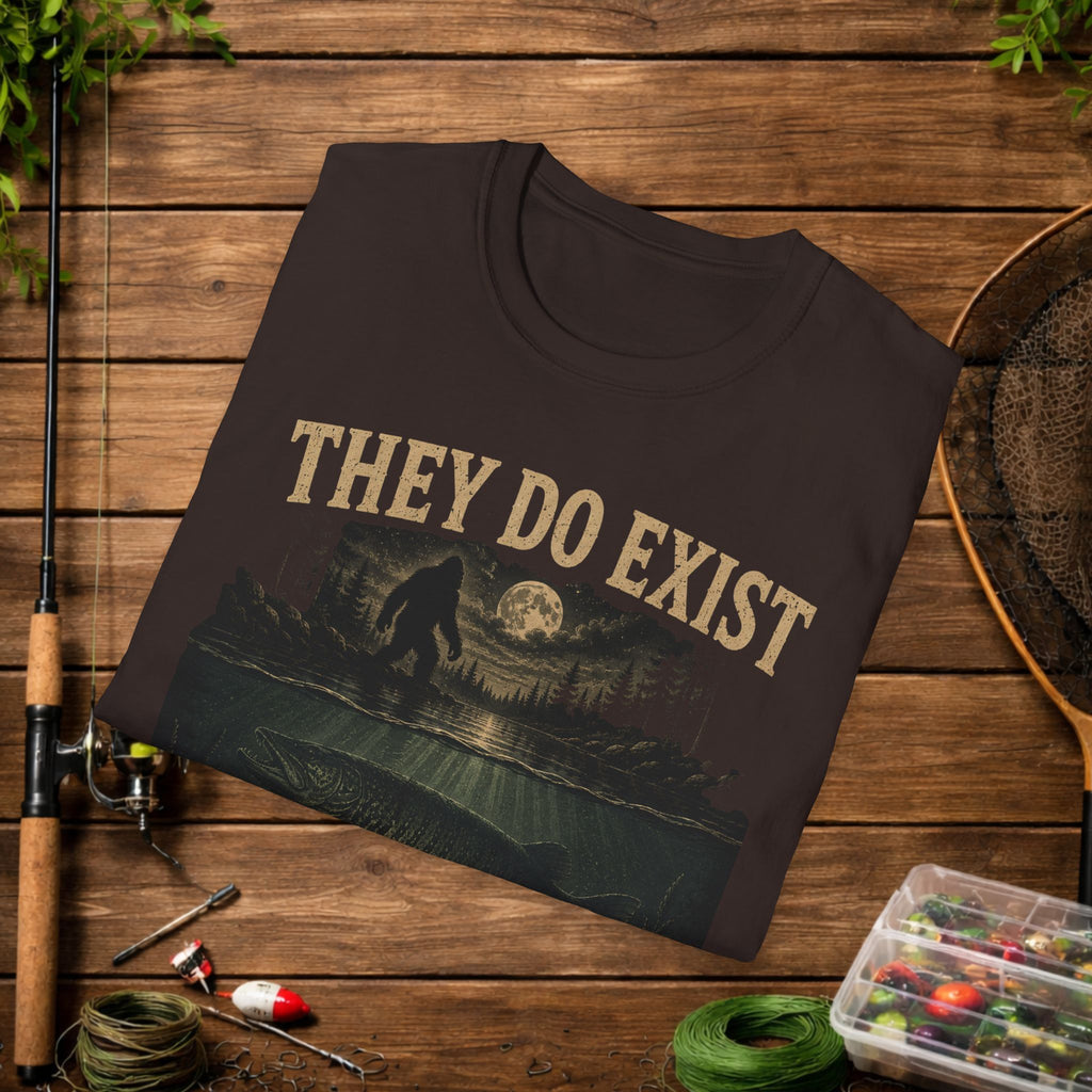 Fishing & Bigfoot T-Shirt - "They Do Exist I've Seen Both" Outdoor Graphic Tee