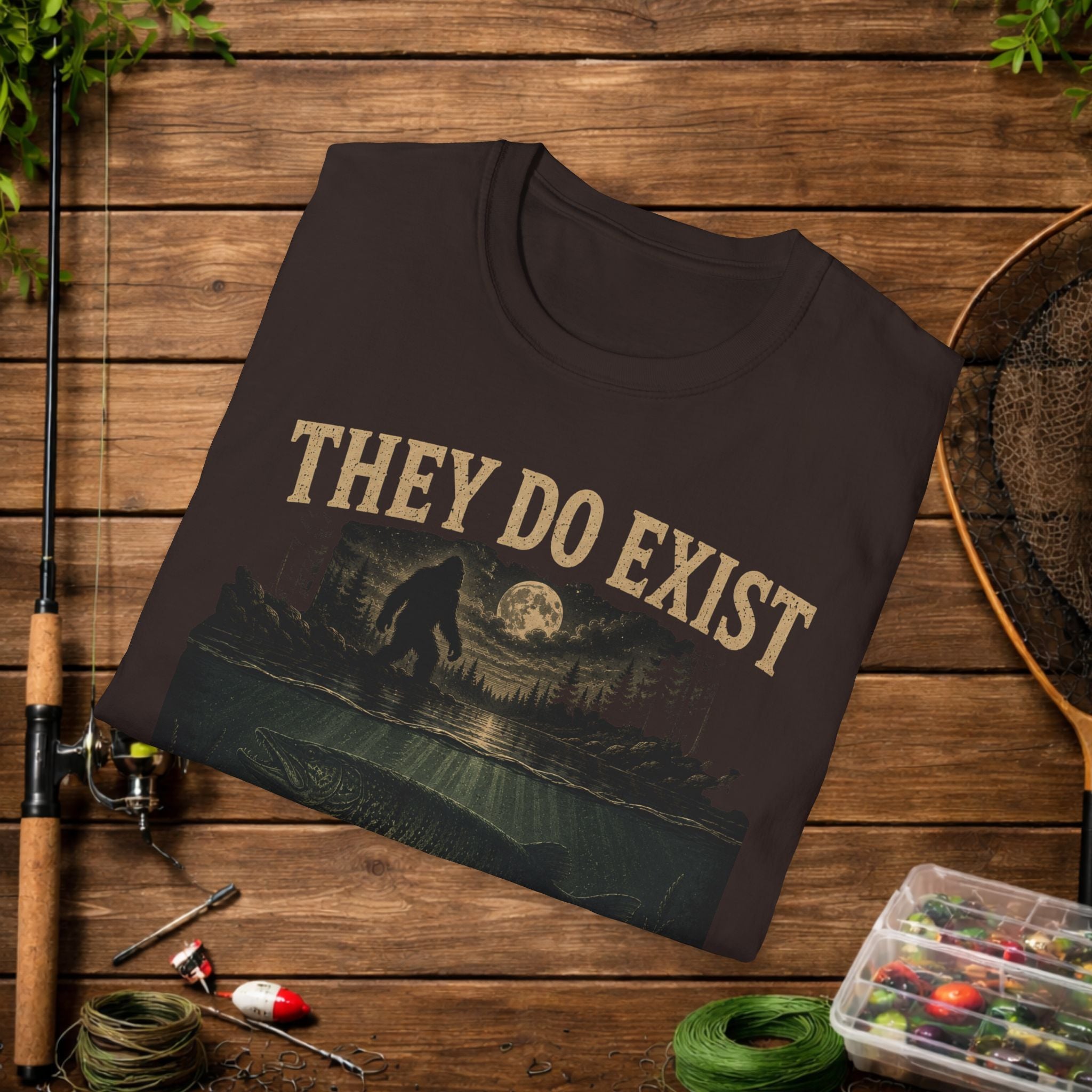 Fishing & Bigfoot T-Shirt - "They Do Exist I've Seen Both" Outdoor Graphic Tee