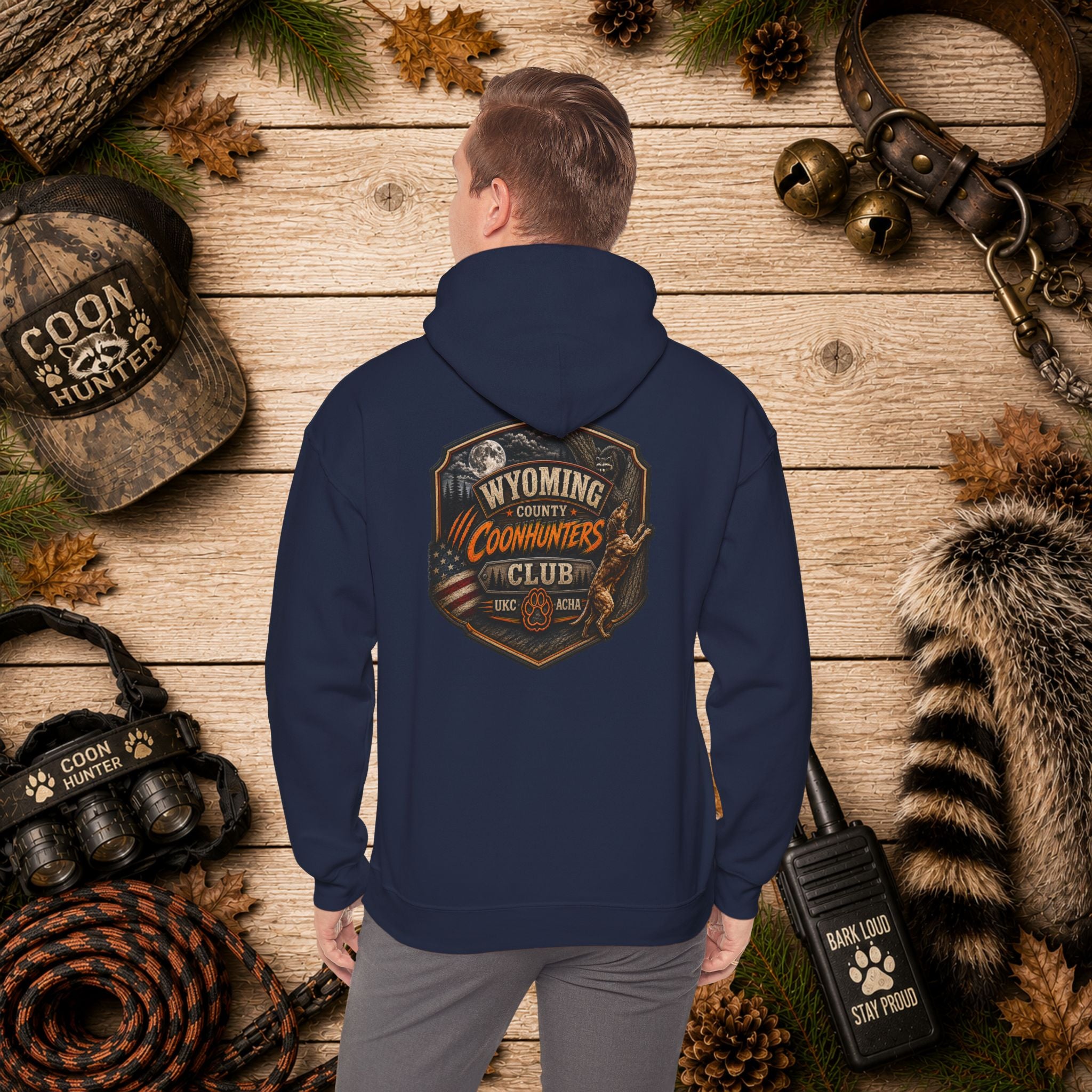 Wyoming County Coonhunters Club Hoodie – Rustic Hunting Badge Sweatshirt