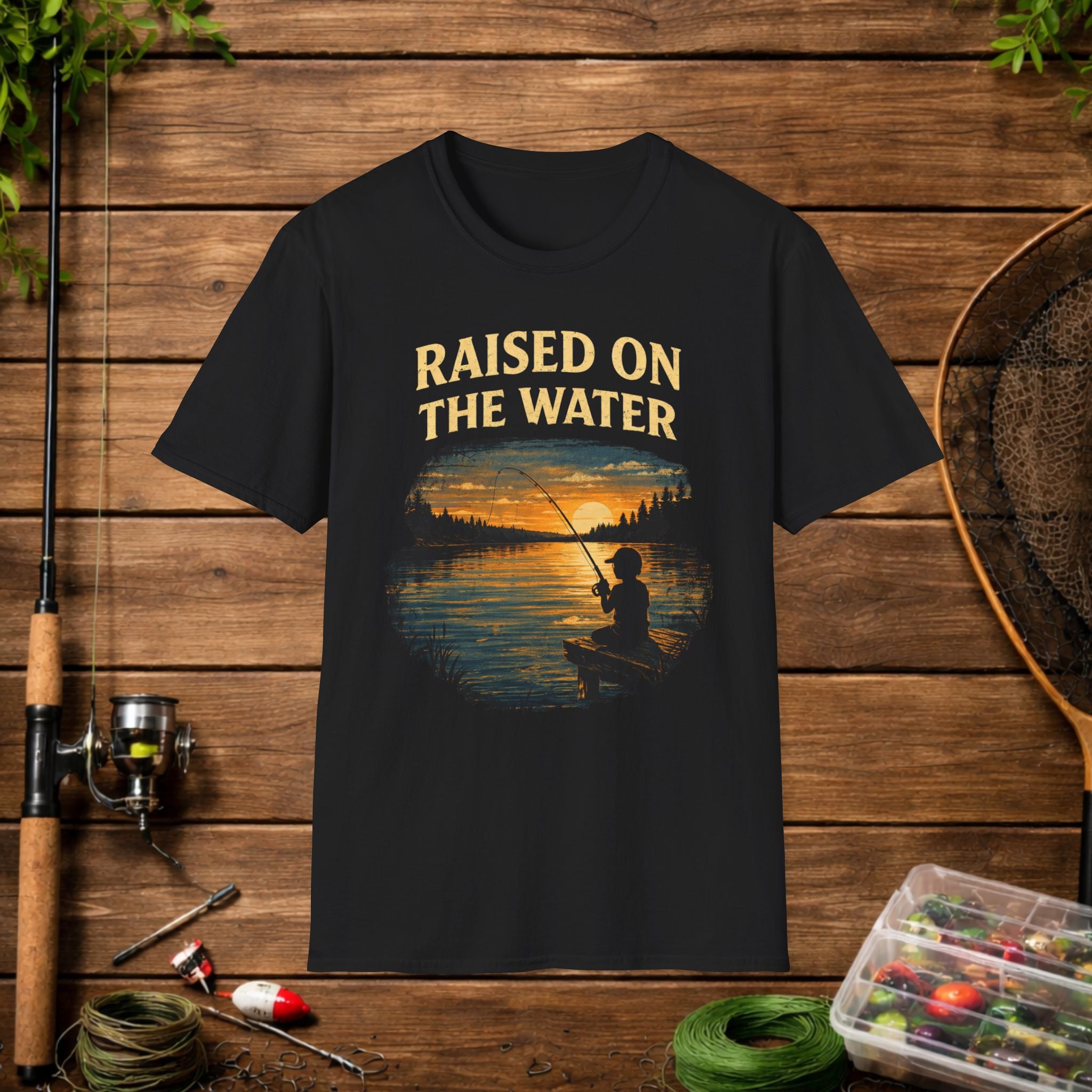 Raised On The Water Shirt – Fishing Dad Tee – Sunset Lake Fishing Shirt – Father Son Fishing Gift – Outdoor Lifestyle Apparel