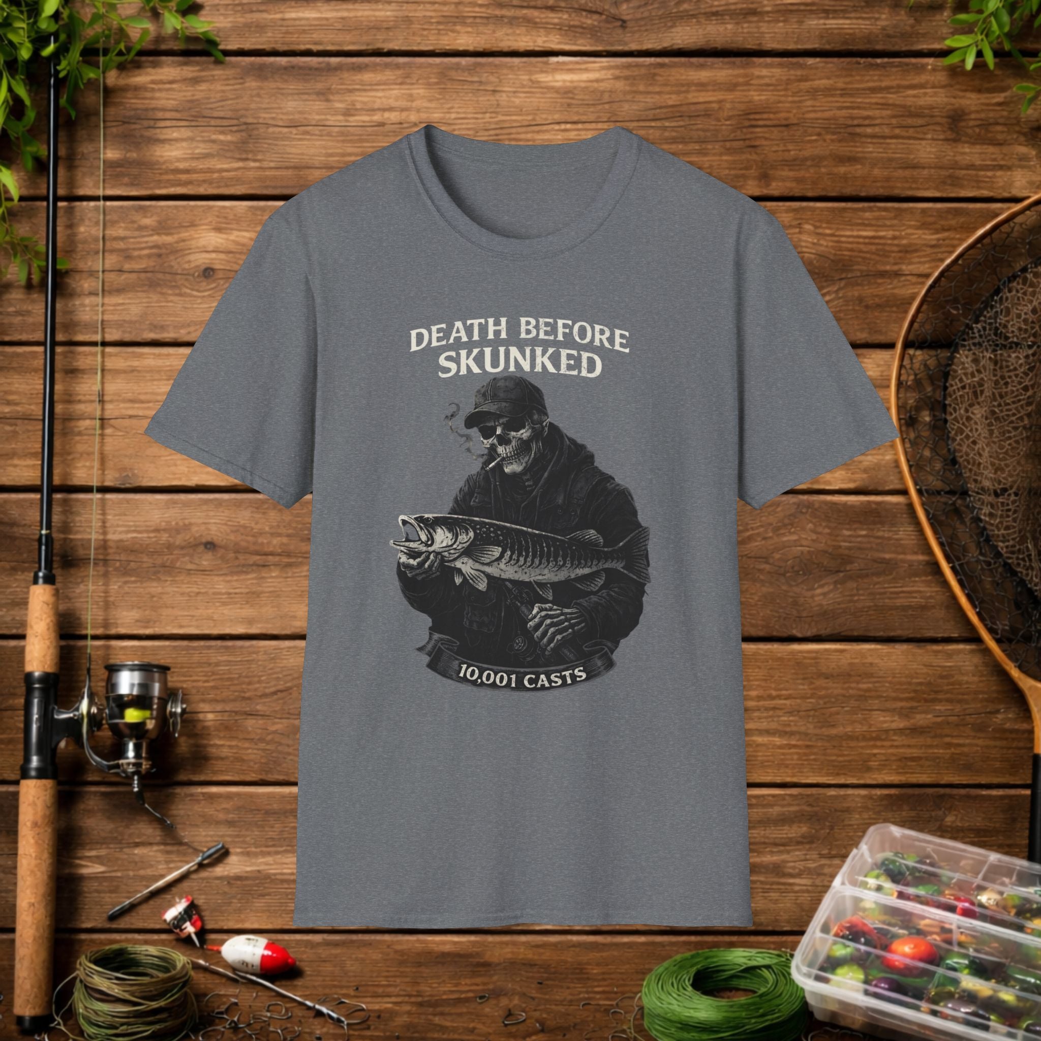 Musky Fishing Shirt – Death Before Skunked – Grim Reaper Angler Tee – Muskie Fisherman Gift – Dark Fishing T-Shirt