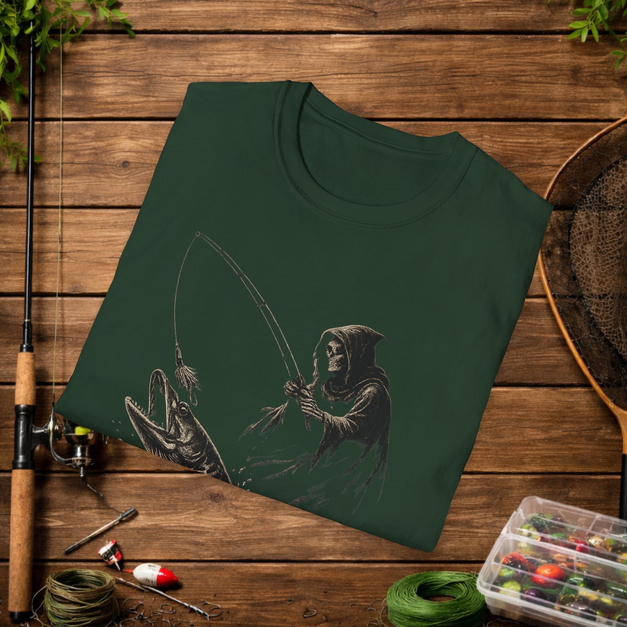 Musky Fishing T-Shirt – Grim Reaper Fishing Design “50” – Muskie Angler Shirt – Dark Fishing Tee – Gift for Fishermen