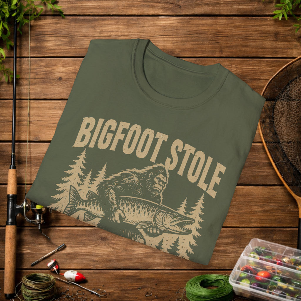 Bigfoot Stole My Musky T-Shirt — Funny Fishing Muskie Tee for Anglers
