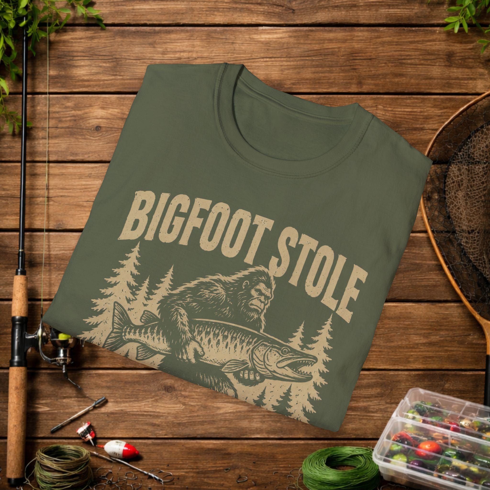 Bigfoot Stole My Musky T-Shirt — Funny Fishing Muskie Tee for Anglers