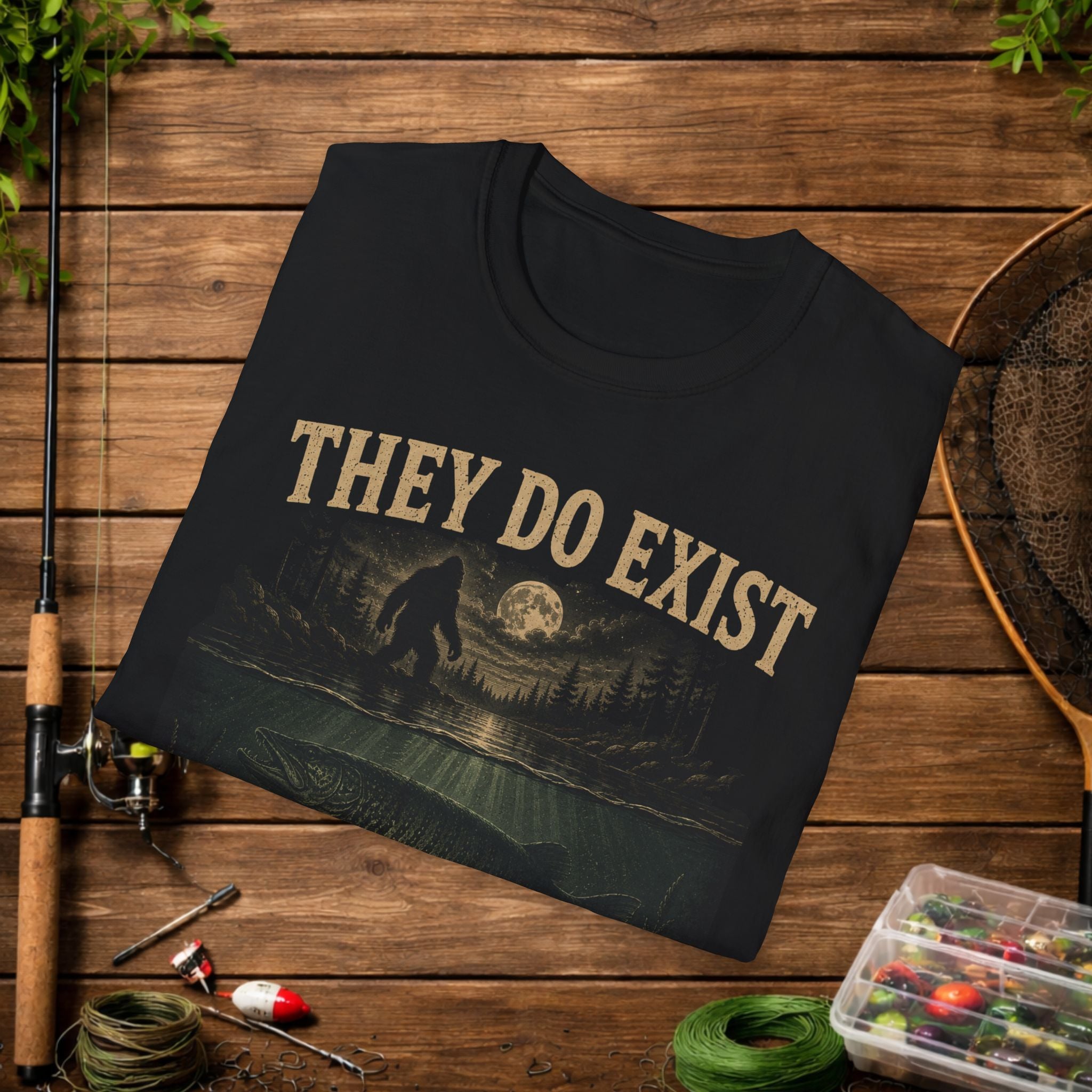 Fishing & Bigfoot T-Shirt - "They Do Exist I've Seen Both" Outdoor Graphic Tee