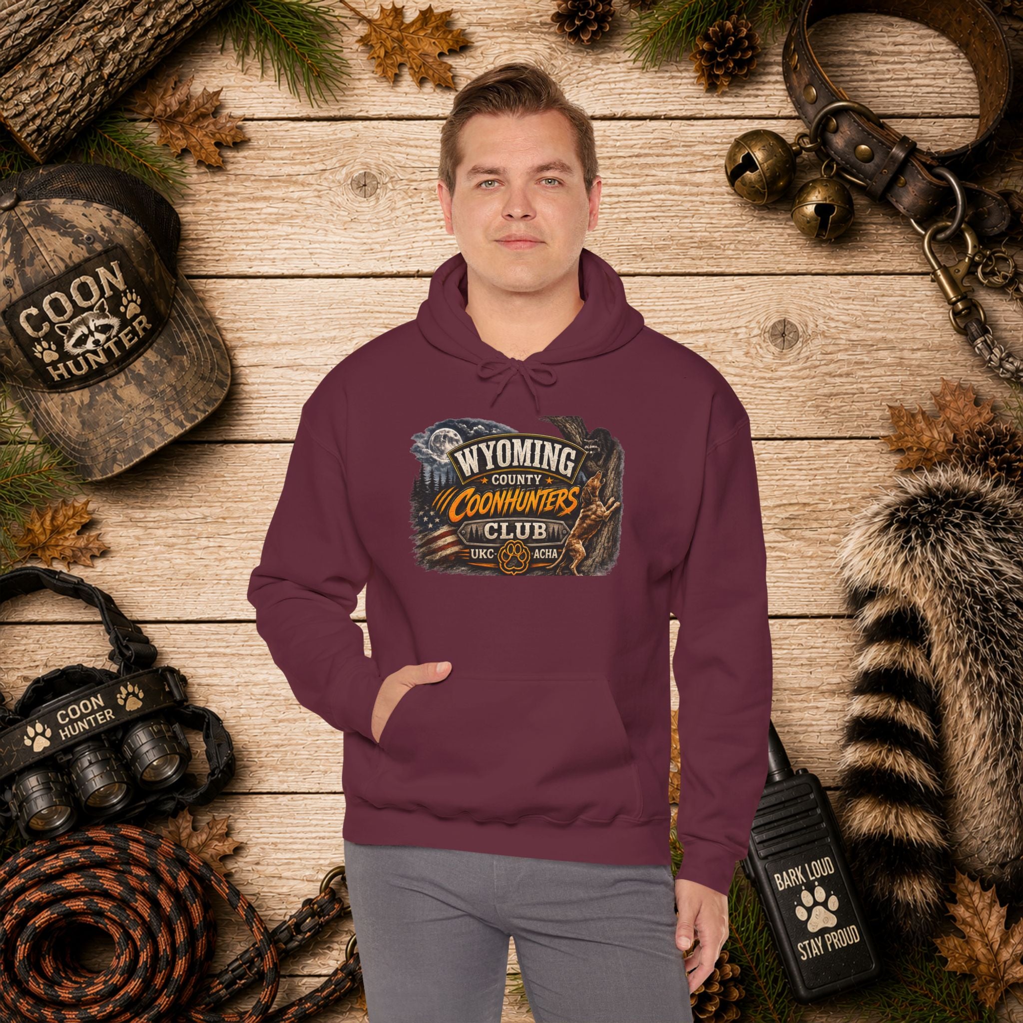 Wyoming Coonhunters Club Hoodie – Vintage Coon Hunting Graphic Dual print Banner front/Badge Back