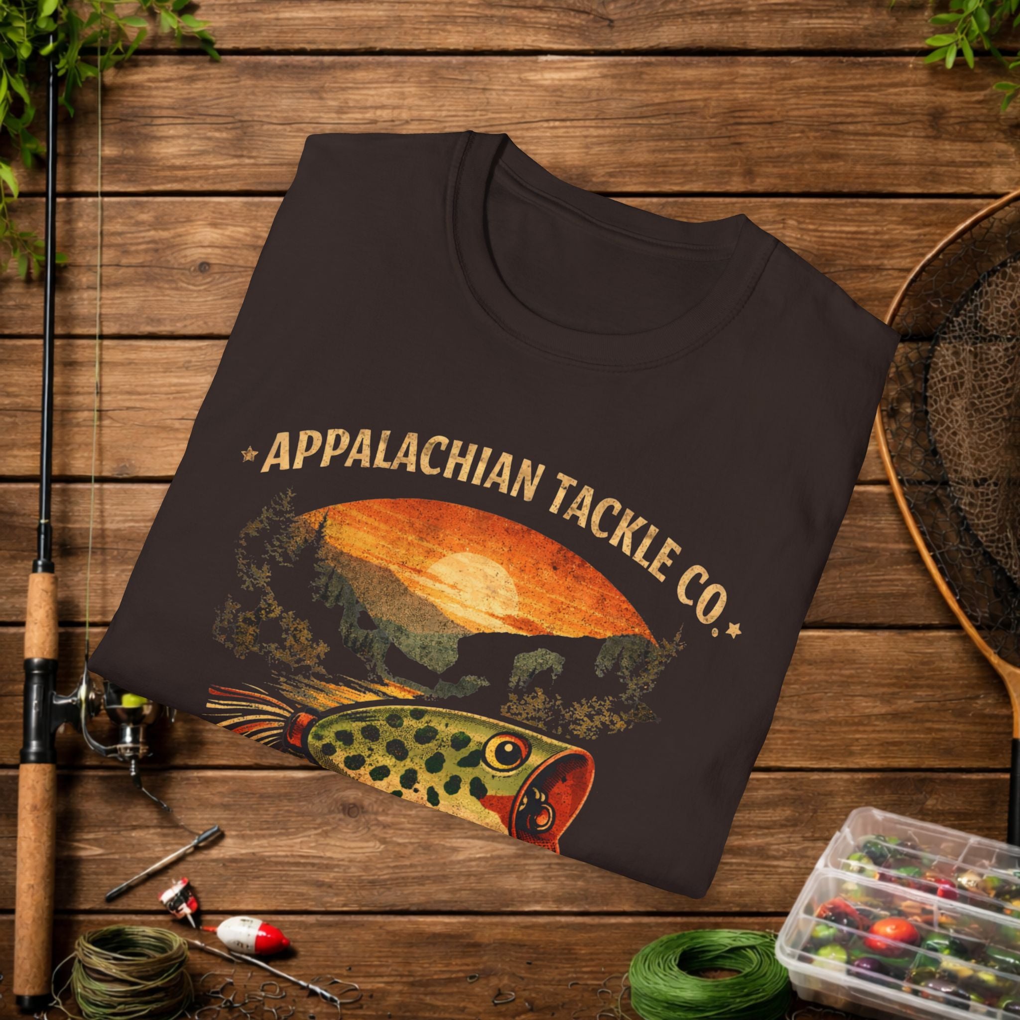 Appalachian Tackle Co Hula Popper Shirt – Vintage Fishing Lure Tee – Topwater Bass Fishing Shirt – Mountain Stream Apparel