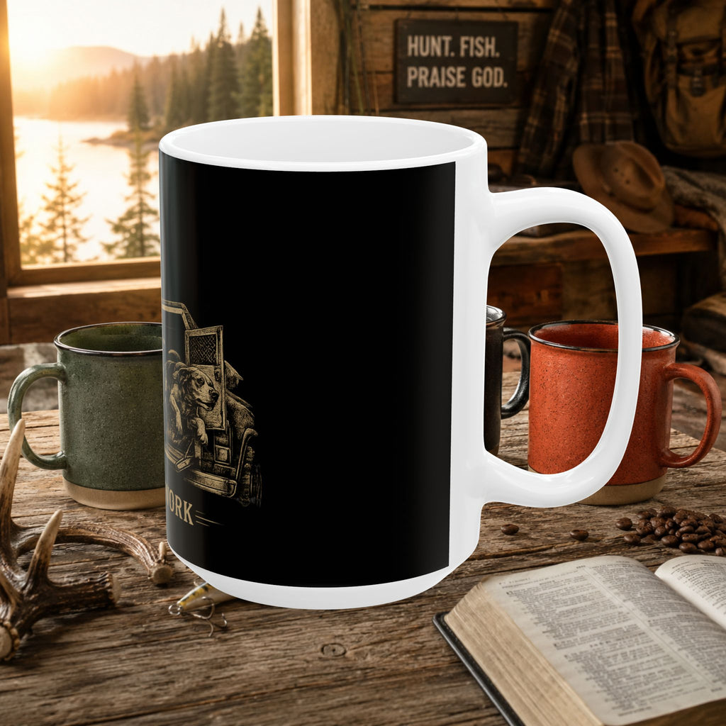 Coon Dog Coffee Mug — "Turn 'Em Loose, Let Them Work" Hunting Ceramic Cup (11oz/15oz)