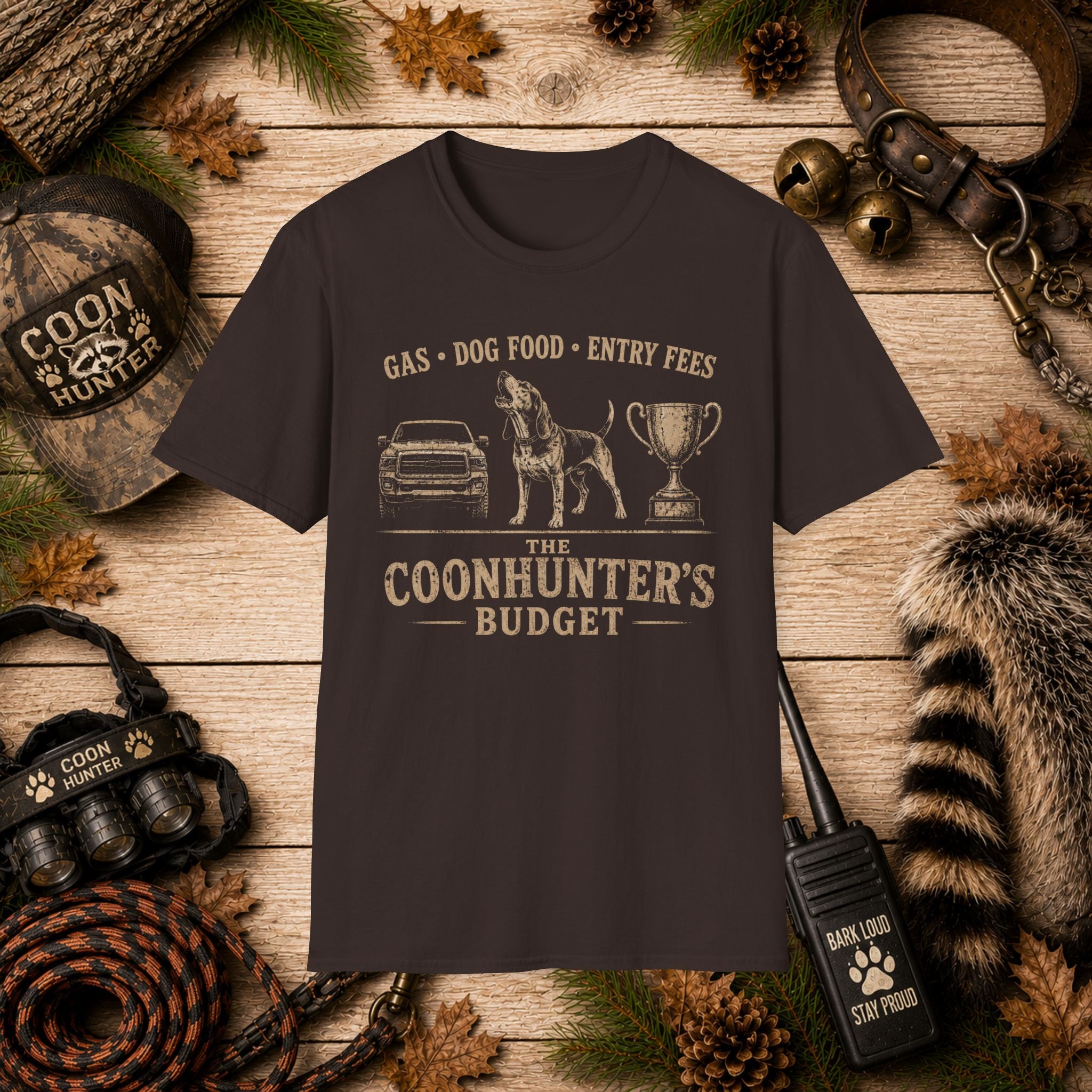 Coonhunter's Budget T-Shirt | Gas Dog Food Entry Fees | Funny Coon Hunting Tee | Wild Wonderful Wear