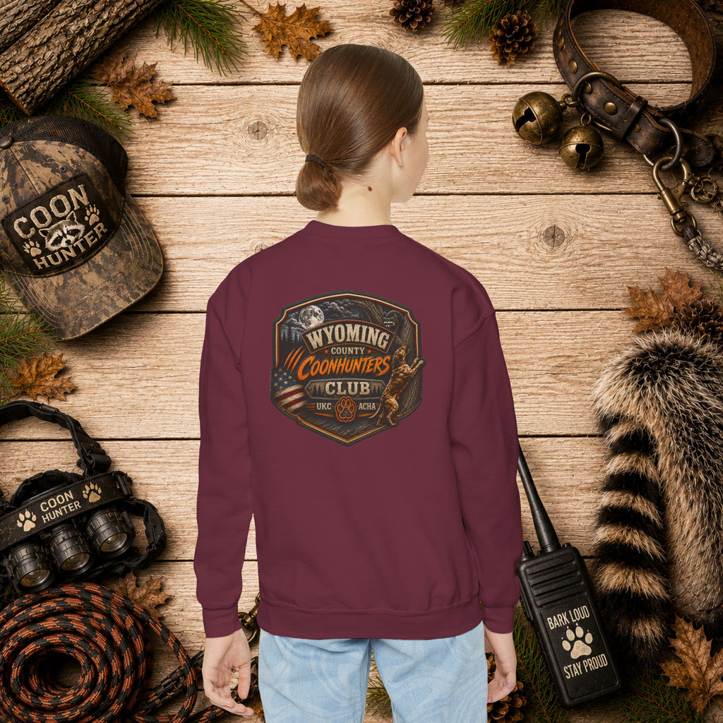 Wyoming Coonhunters Club Youth Crewneck Sweatshirt — Dual Print Banner front/Badge back
