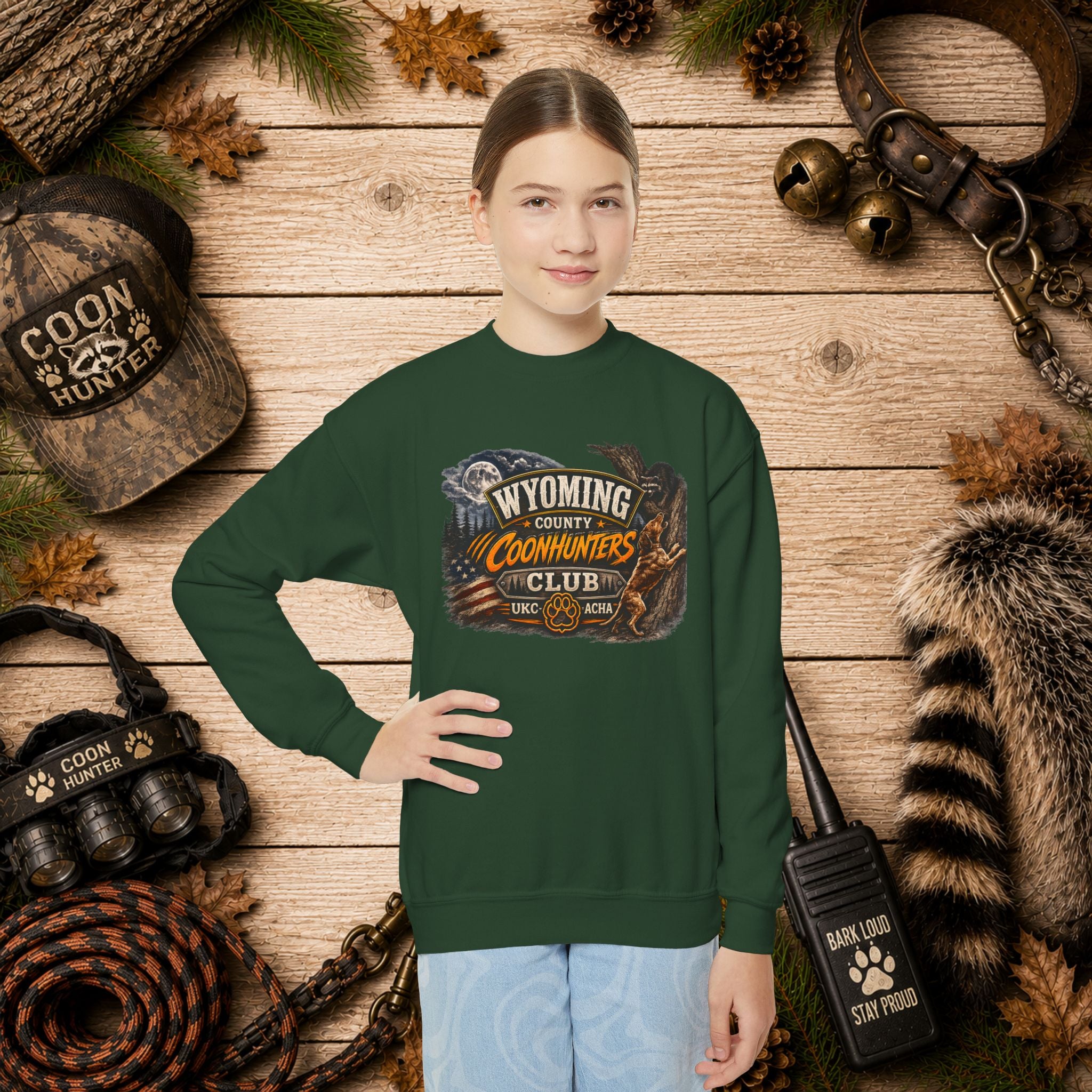 Wyoming Coonhunters Club Youth Crewneck Sweatshirt — Dual Print Banner front/Badge back