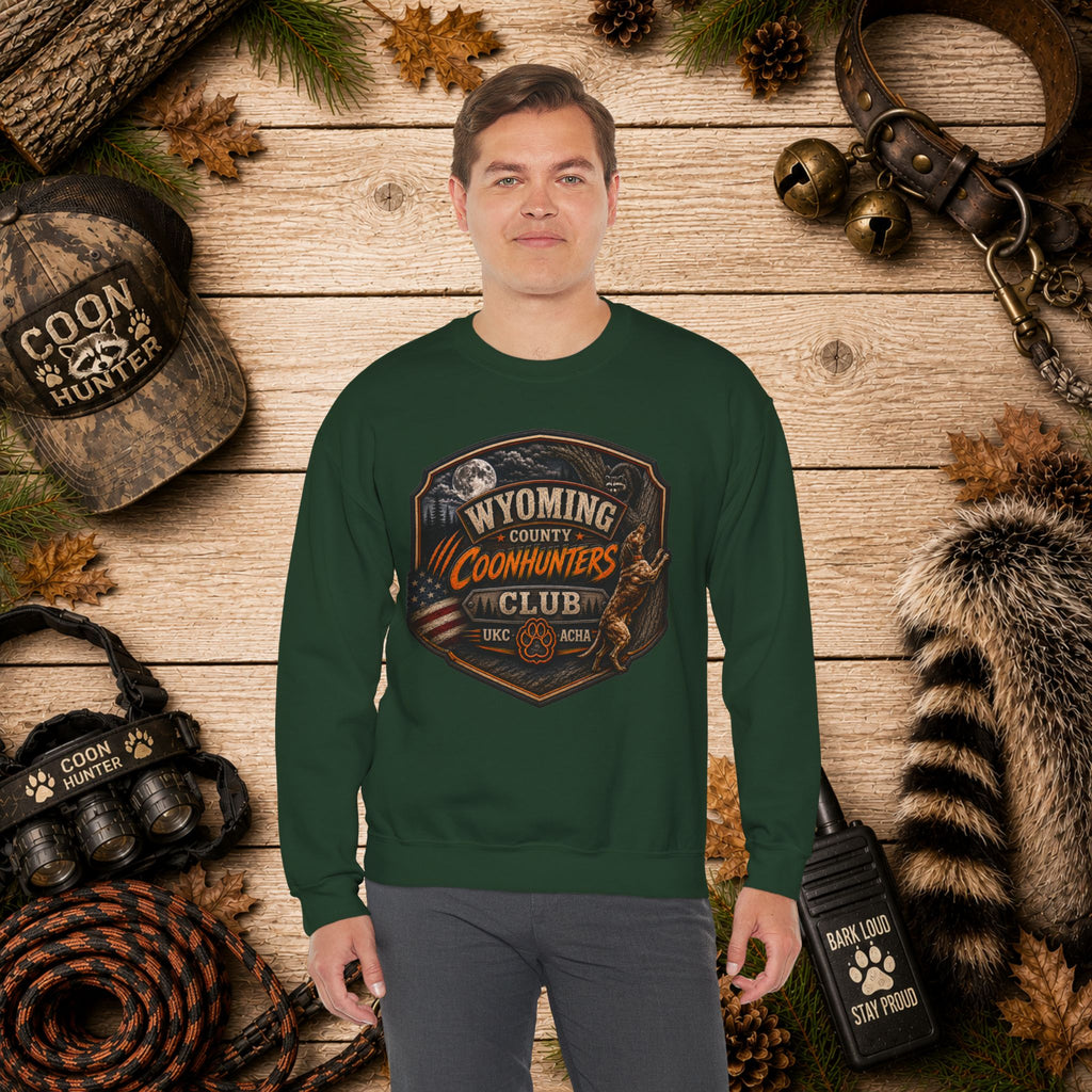 Wyoming Coonhunters Club Crewneck Sweatshirt Dual Print Badge front/Banner back