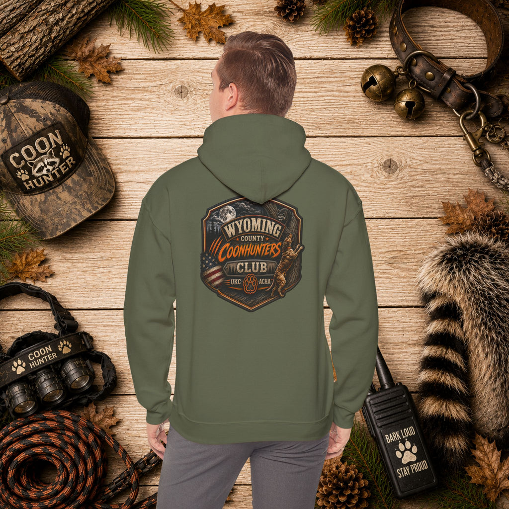 Wyoming Coonhunters Club Hoodie – Vintage Coon Hunting Graphic Dual print Banner front/Badge Back