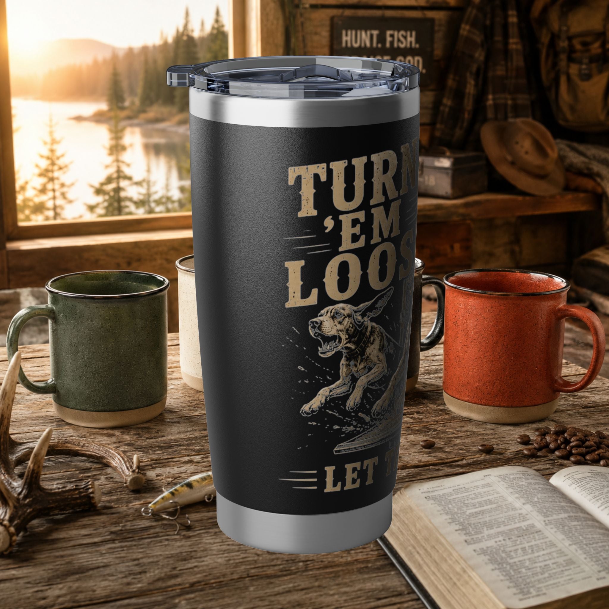 Coon Hunter 20oz Tumbler — "Turn 'Em Loose, Let Them Work" Hunting Dog Travel Mug