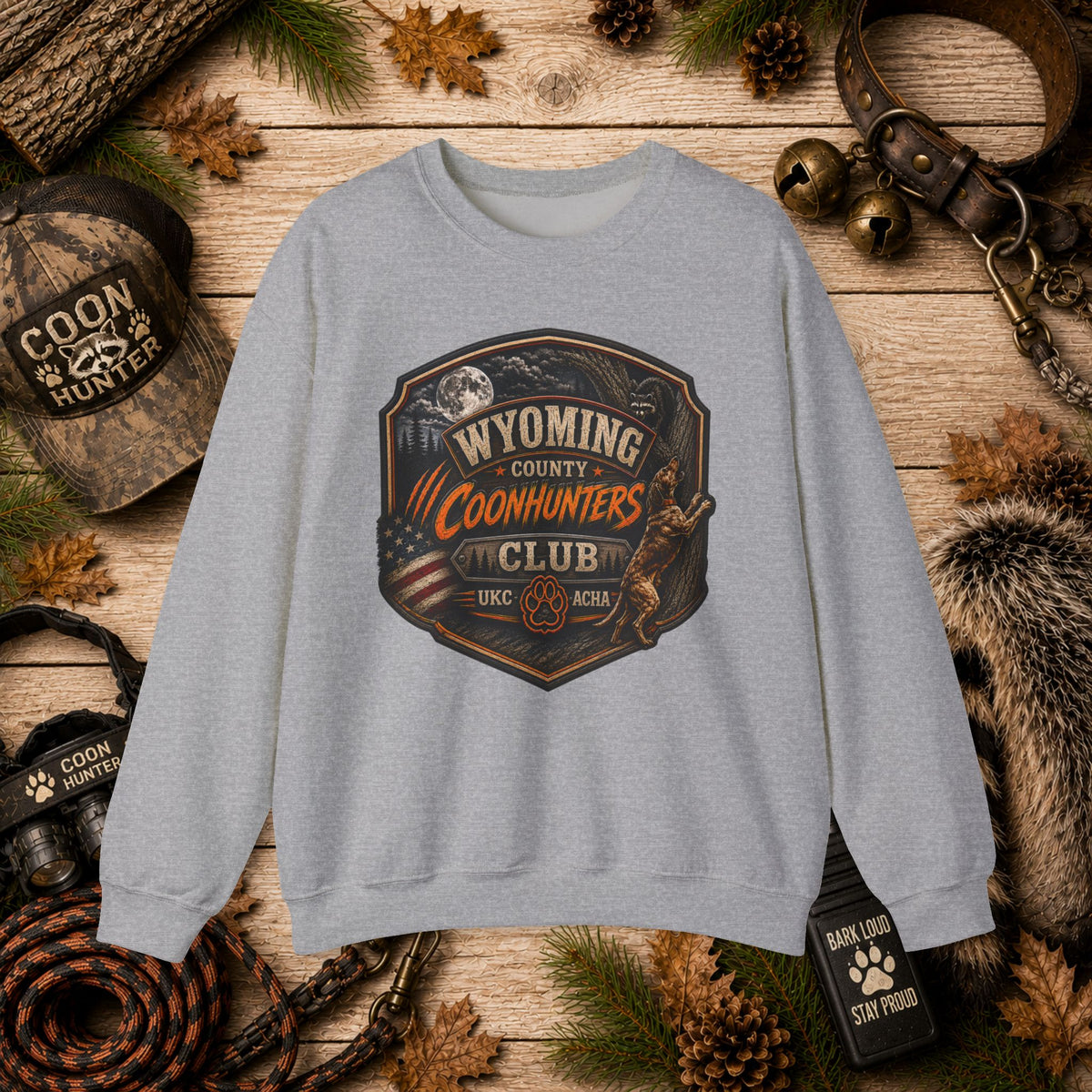 Wyoming Coonhunters Club Crewneck Sweatshirt Dual Print Badge front/Banner back