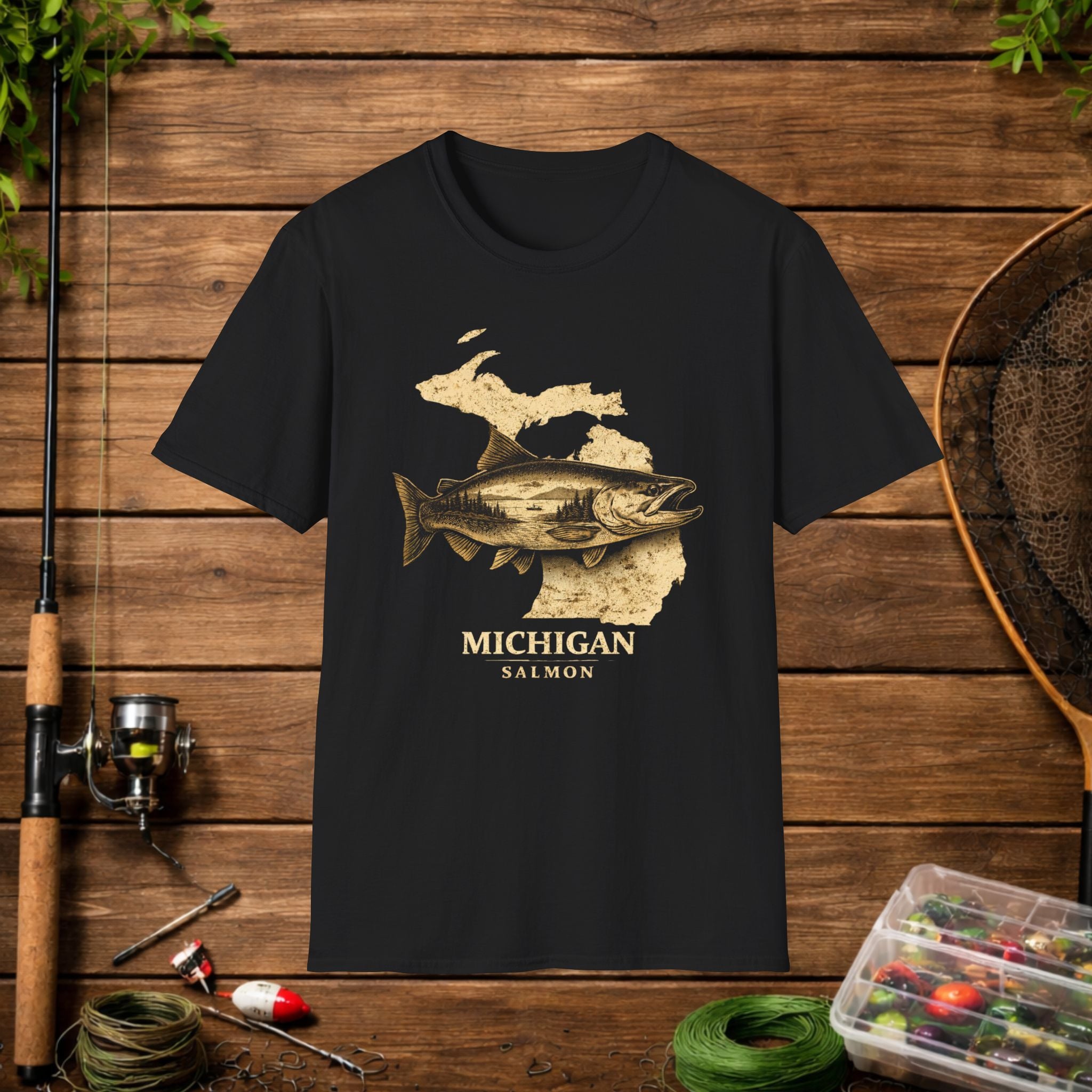 Michigan Salmon Fishing Shirt – Vintage Michigan Angler Tee – Great Lakes Salmon Fishing Apparel – Fisherman Gift