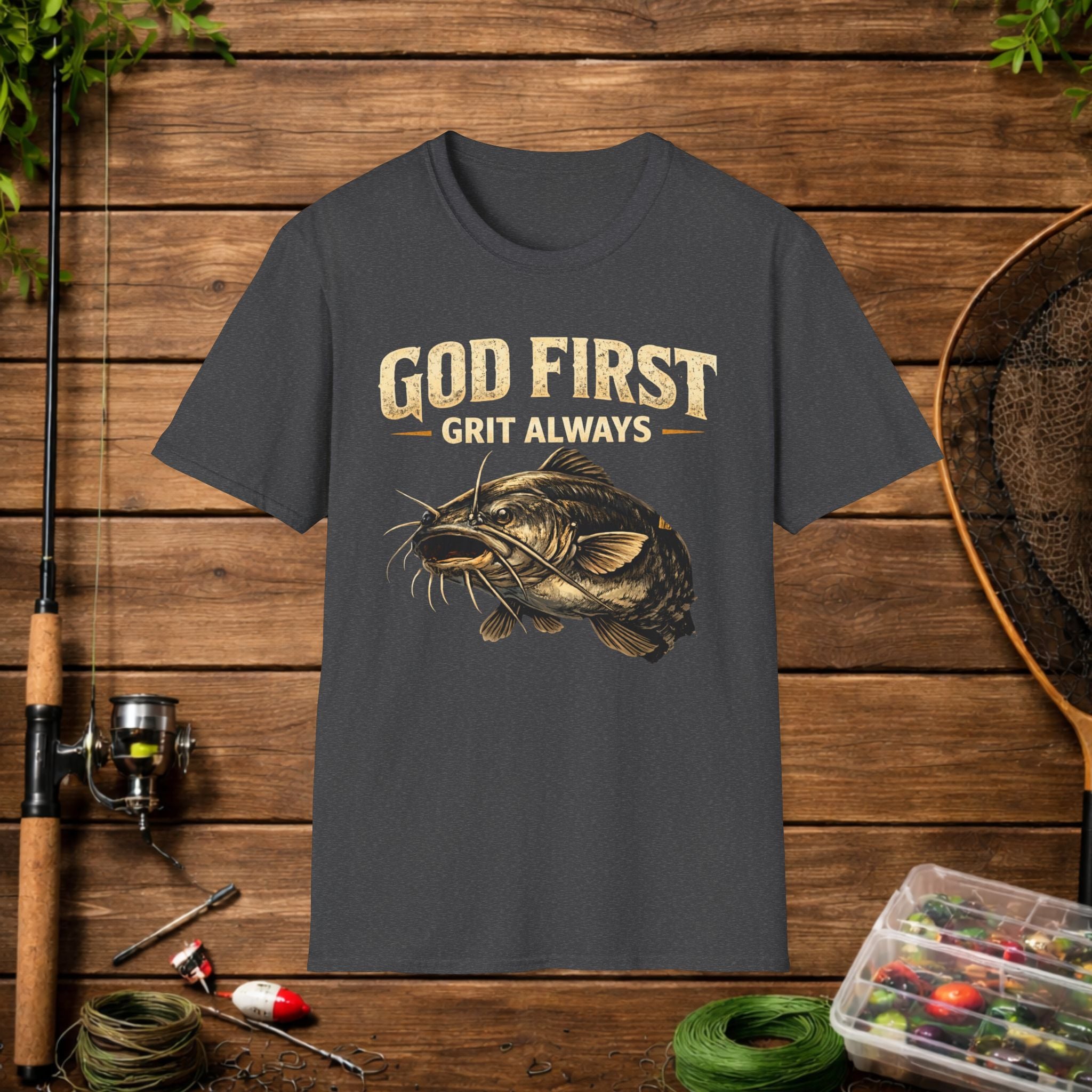 God First Grit Always Shirt – Catfish Fishing Tee – Faith Based Outdoor Shirt – Christian River Life Apparel