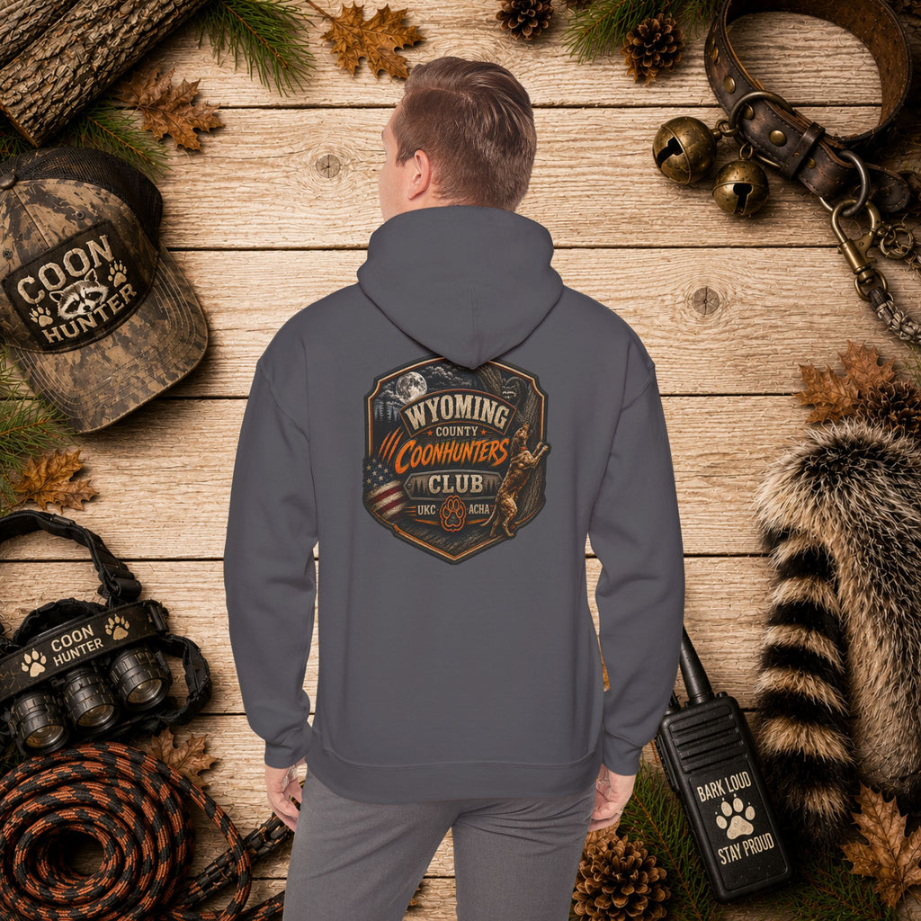 Wyoming Coonhunters Club Hoodie – Vintage Coon Hunting Graphic Dual print Banner front/Badge Back
