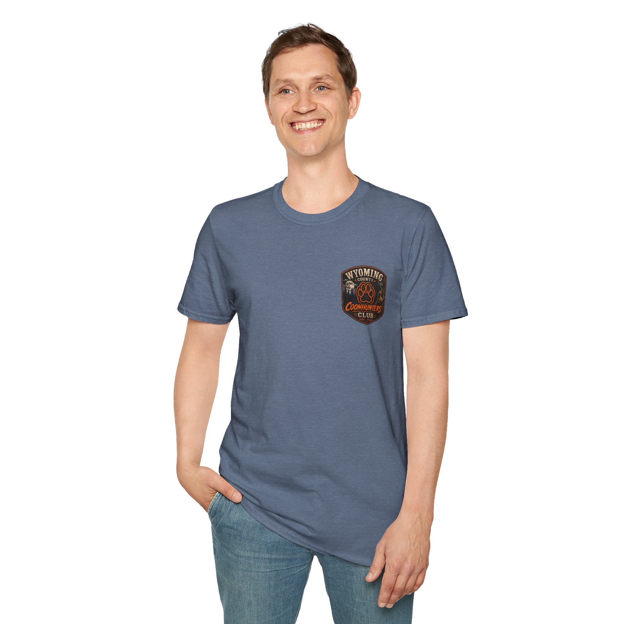 Wyoming Coonhunters Club T‑Shirt — front Badge with banner backTee