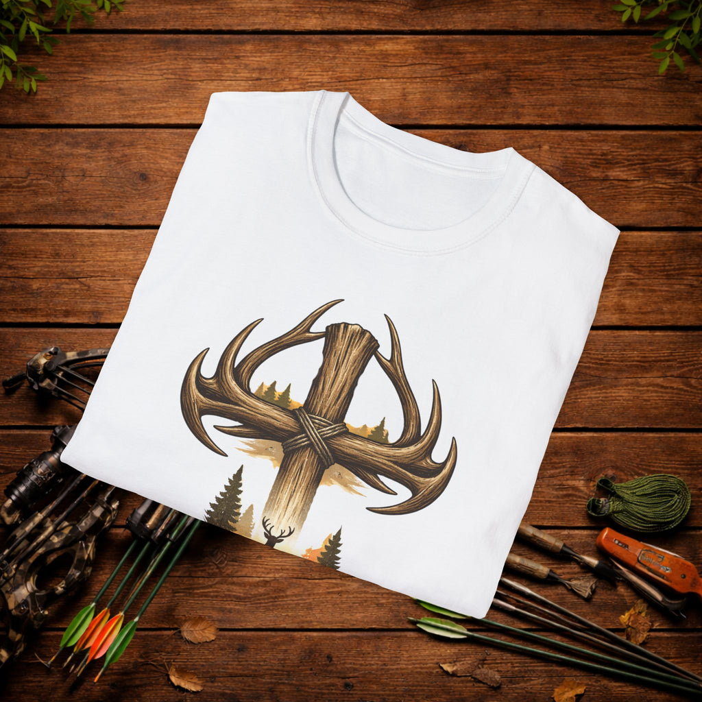 Christian Deer Hunting Shirt – Cross with Antlers Whitetail Tee – Faith Hunting Apparel – Rustic Outdoor Shirt