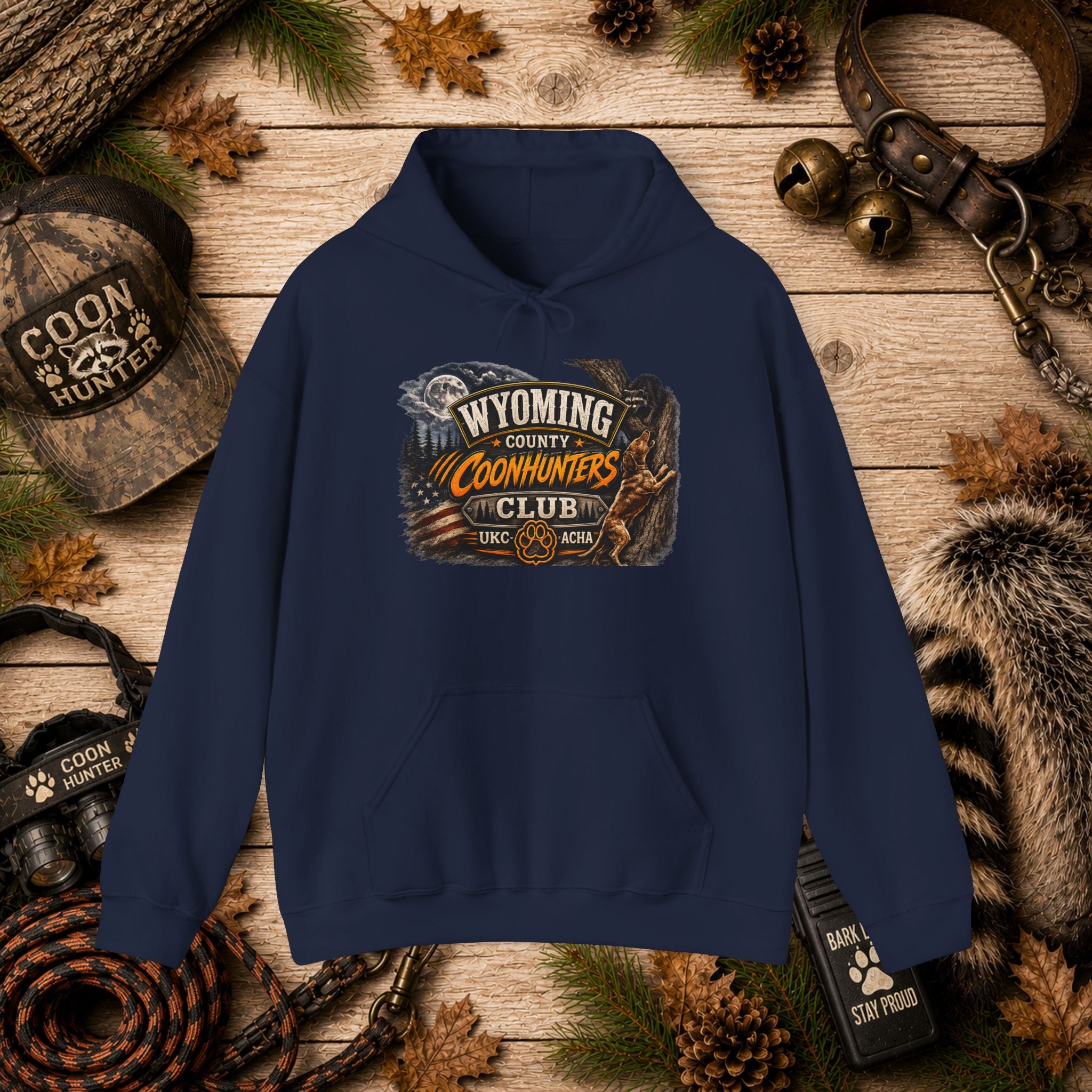 Wyoming Coonhunters Club Hoodie – Vintage Coon Hunting Graphic Dual print Banner front/Badge Back