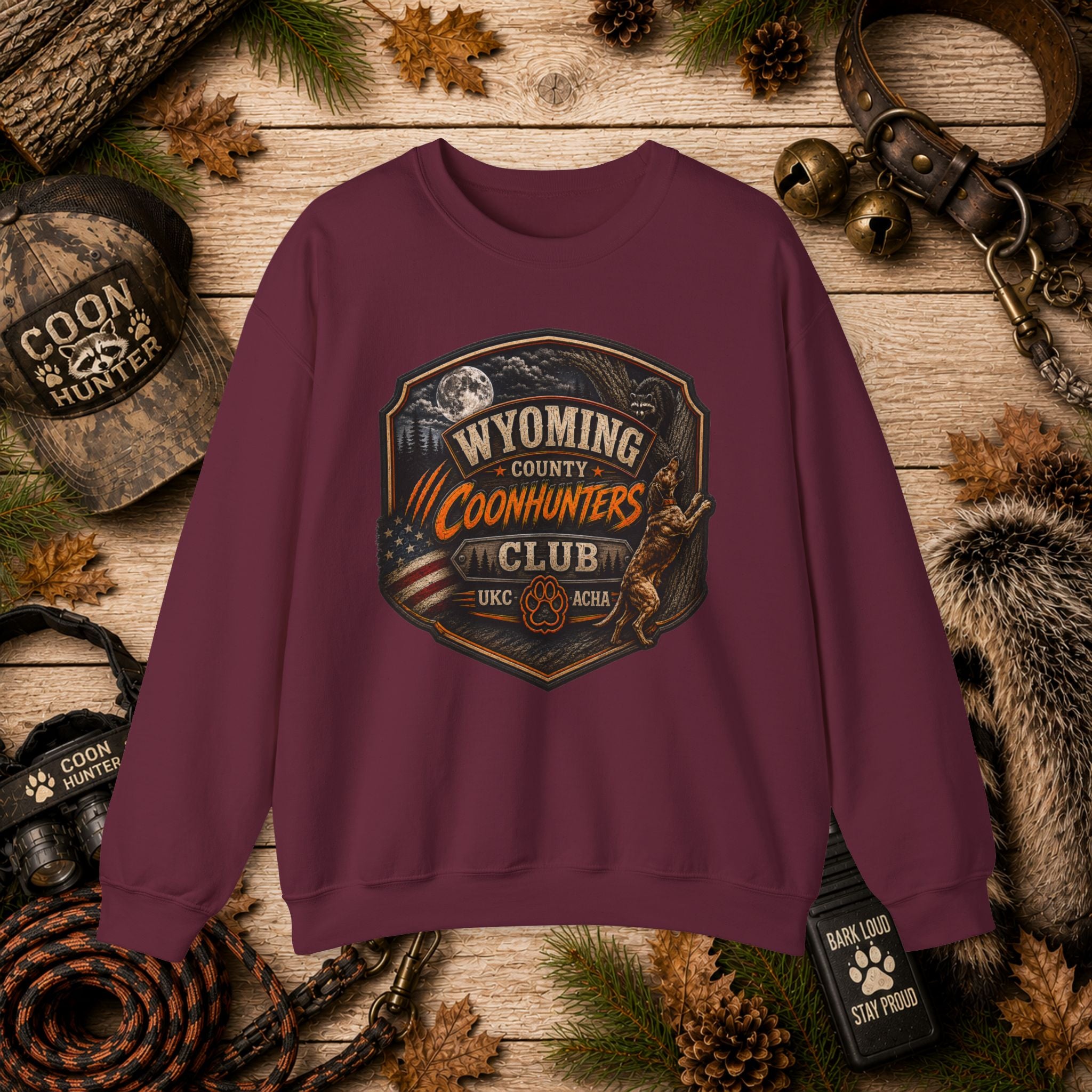 Wyoming Coonhunters Club Crewneck Sweatshirt Dual Print Badge front/Banner back