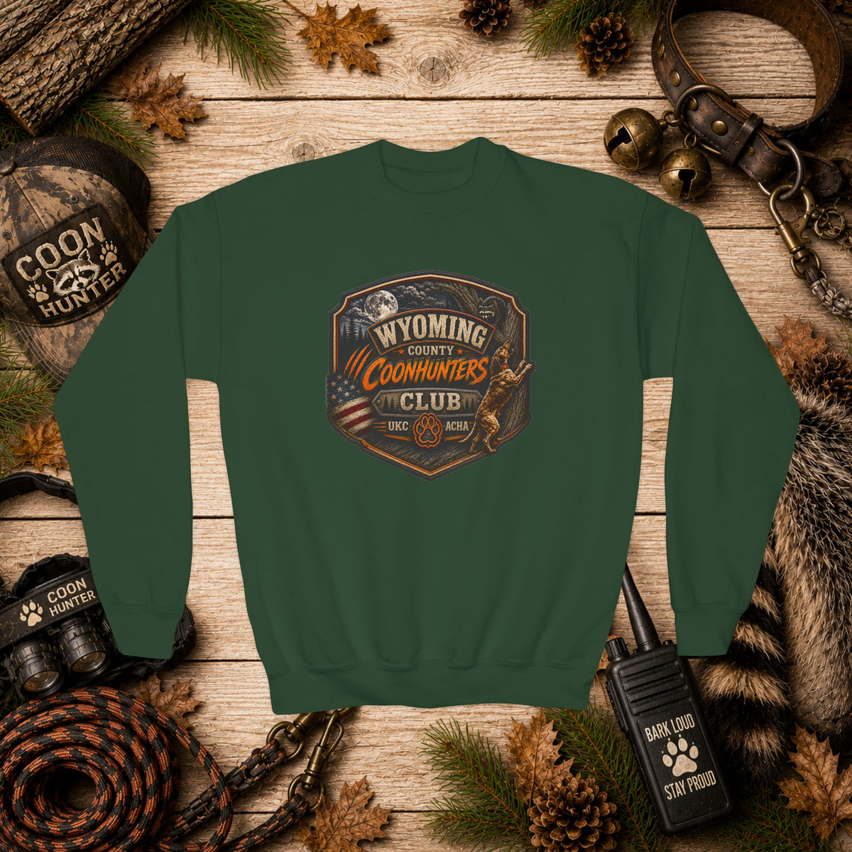 Youth Crewneck Sweatshirt — Wyoming Coonhunters Club Vintage Hunting Graphic Dual print Badge front/Banner back