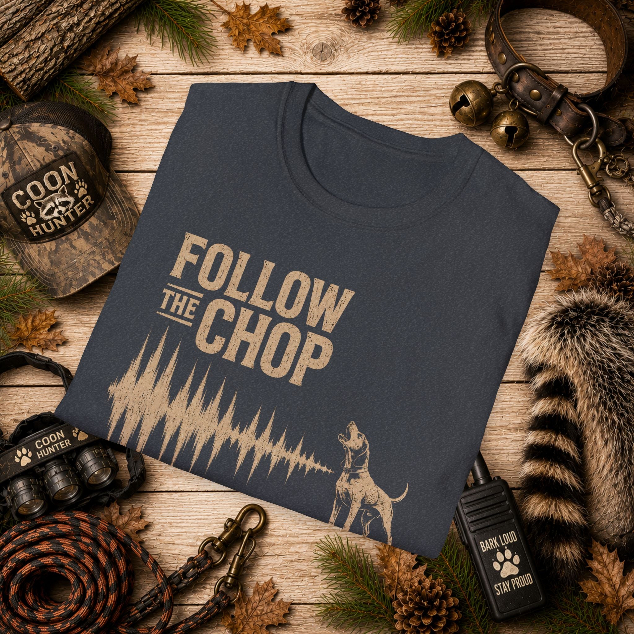 Follow The Chop Coon Hunting T-Shirt | Houndsman Dog Waveform Graphic Tee | Wild Wonderful Wear