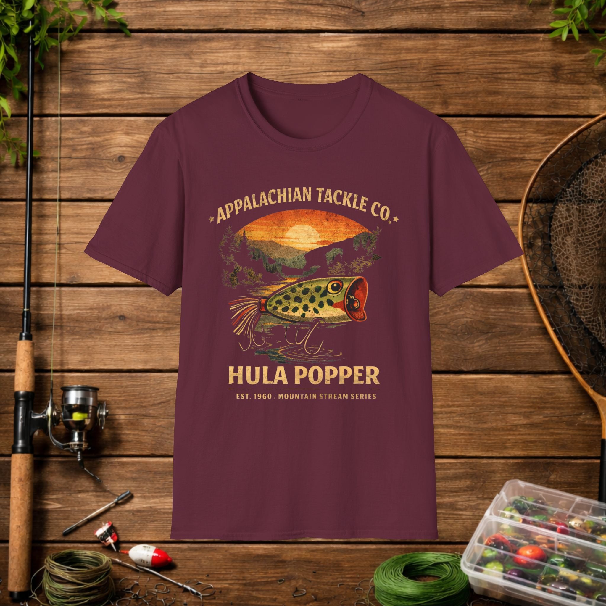 Appalachian Tackle Co Hula Popper Shirt – Vintage Fishing Lure Tee – Topwater Bass Fishing Shirt – Mountain Stream Apparel