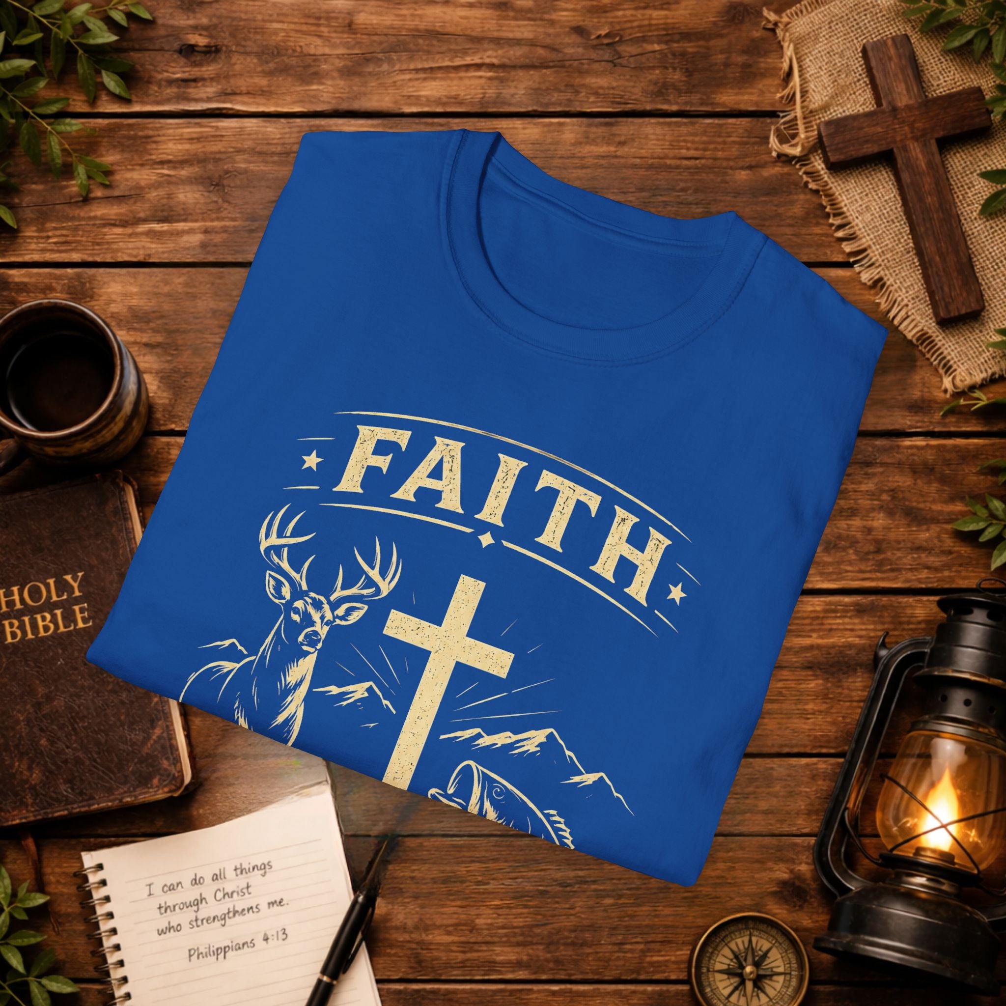 Faith Cross Deer & Fish T-Shirt — Christian Hunting & Fishing Graphic Tee