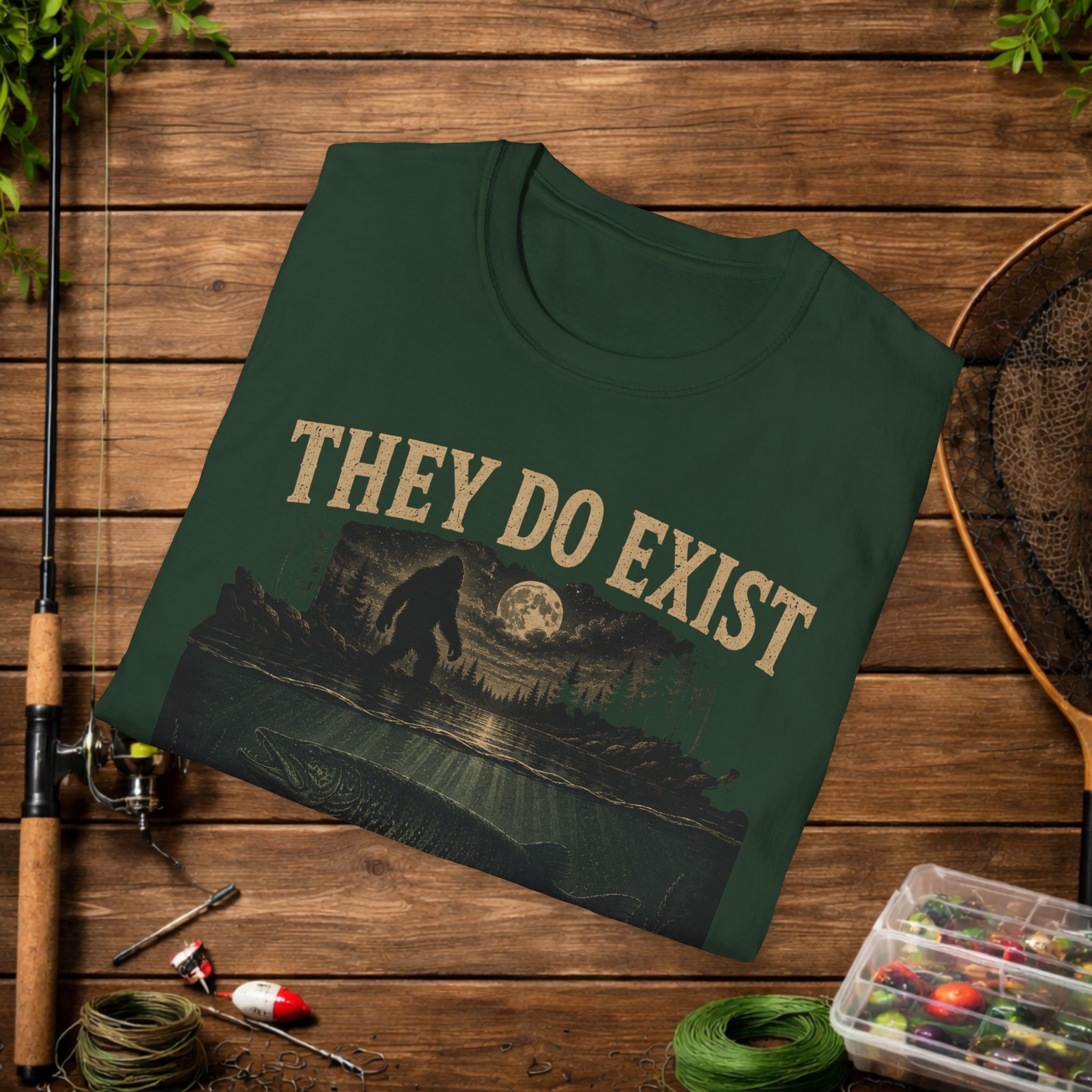 Fishing & Bigfoot T-Shirt - "They Do Exist I've Seen Both" Outdoor Graphic Tee