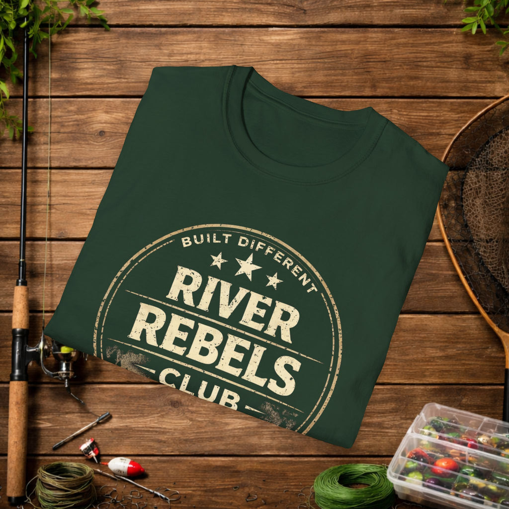 River Rebels Club Shirt – Built Different Fishing Tee – Earn Your Catch Outdoor Shirt – Rustic River Life Apparel