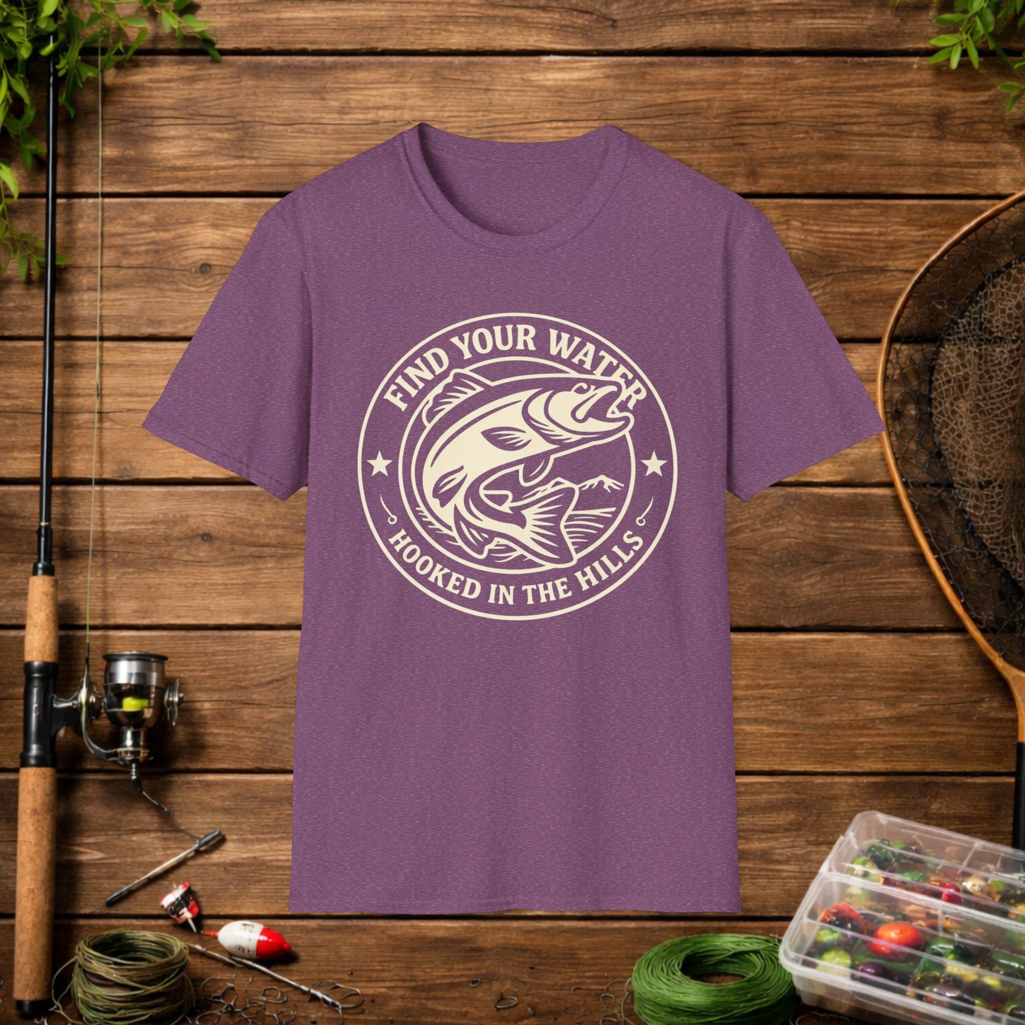 Find Your Water Fishing Shirt – Hooked in the Hills Bass Graphic Tee – Trout & Bass Angler Gift