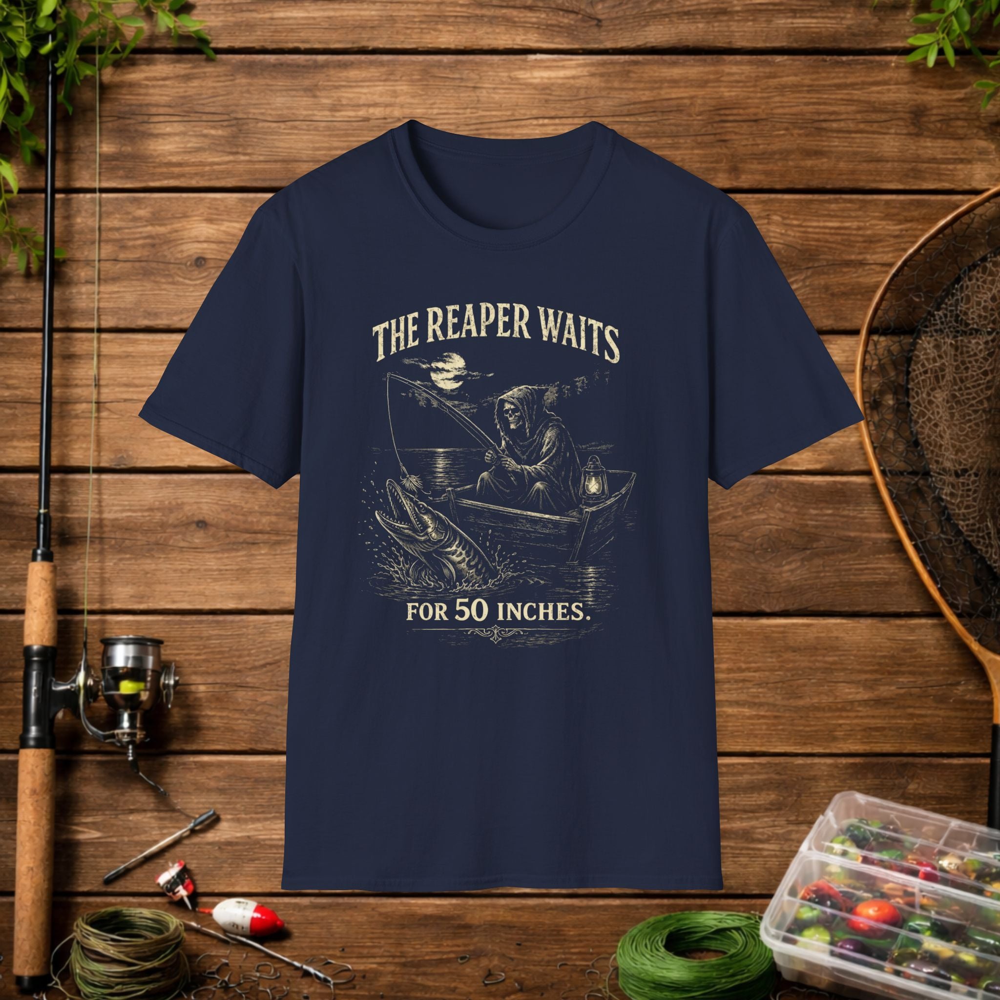 Musky Fishing Shirt – The Reaper Waits – Grim Reaper Fishing Tee – Muskie Angler Gift – Dark Fishing T-Shirt