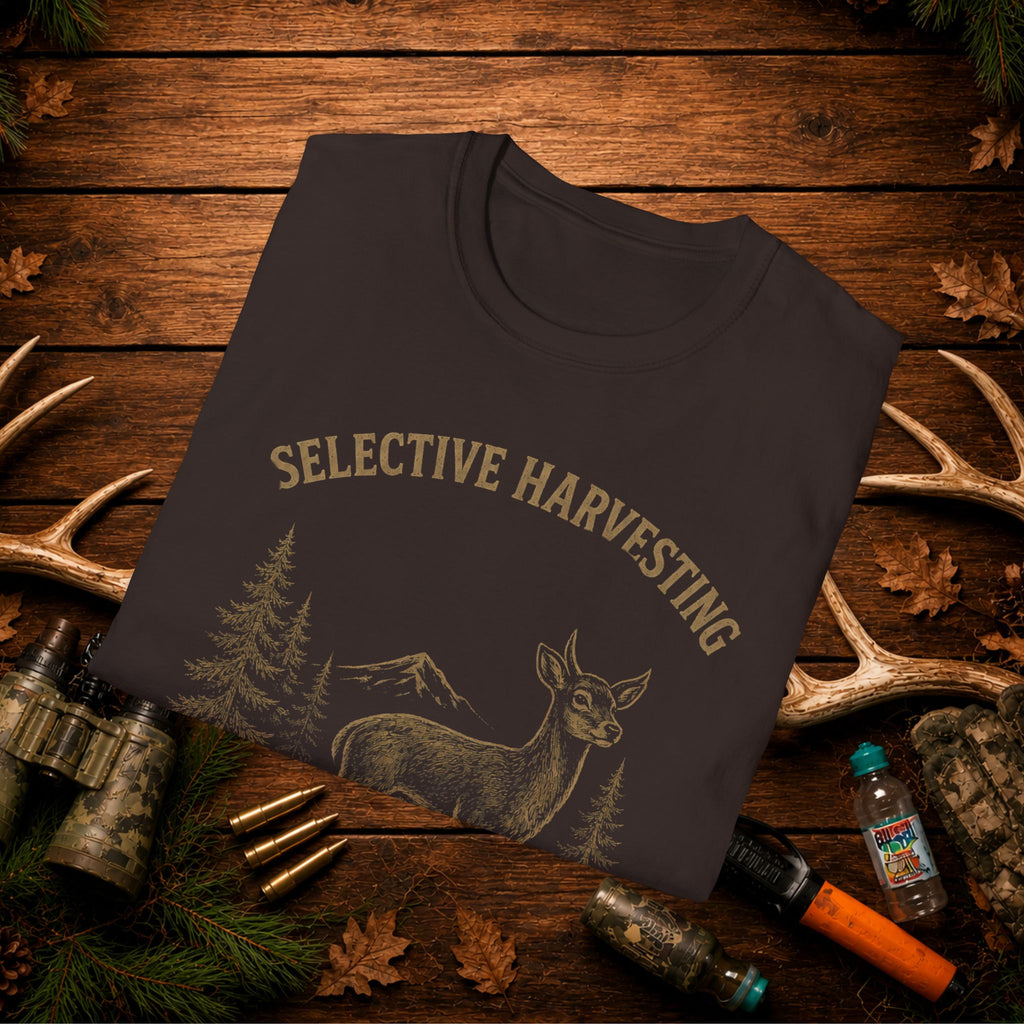 Deer Hunting T-Shirt — "Selective Harvesting What's That" Vintage Outdoor Tee