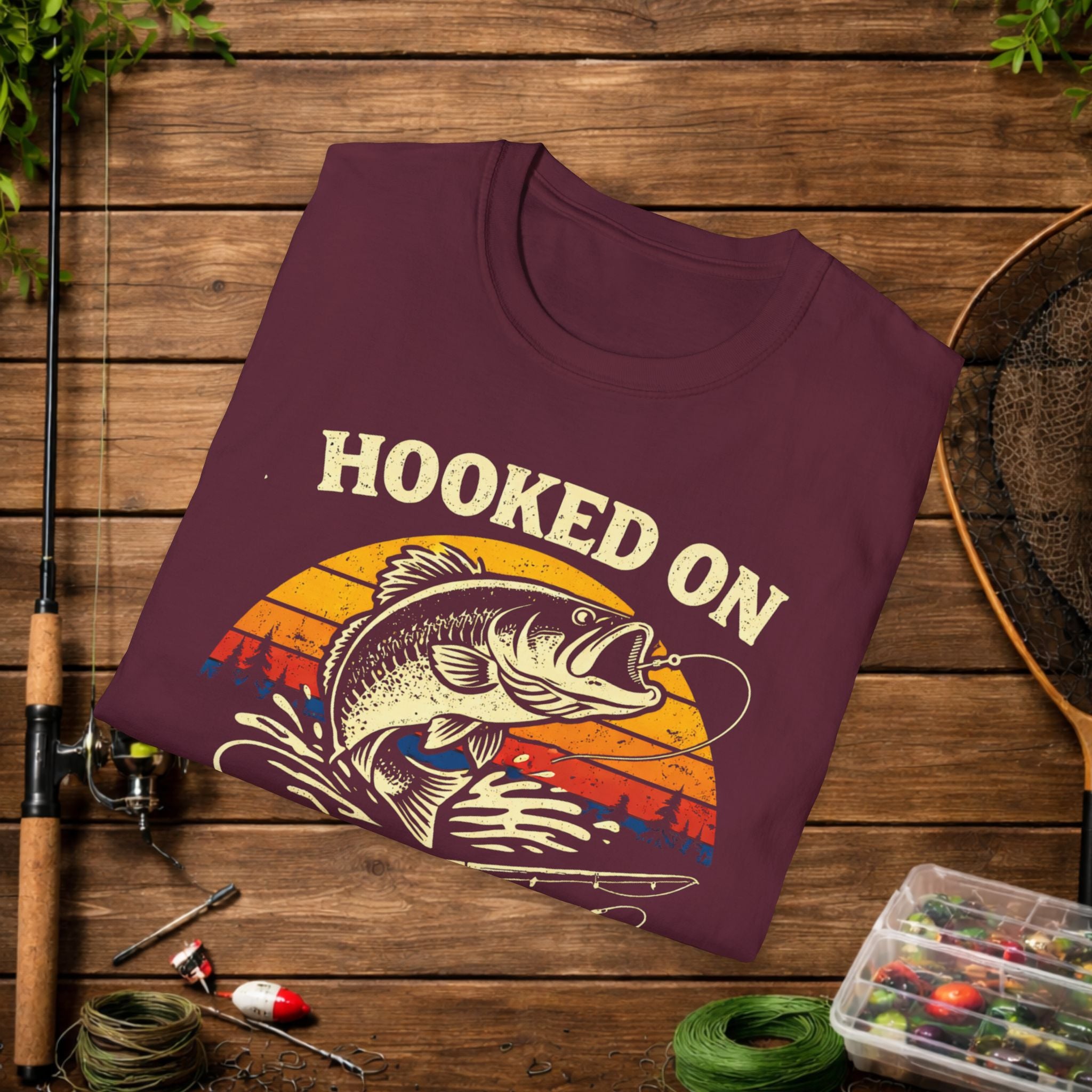 Hooked on Fishing Retro Sunset Shirt – Bass Fishing T-Shirt – Vintage Fisherman Tee – Largemouth Bass Angler Gift