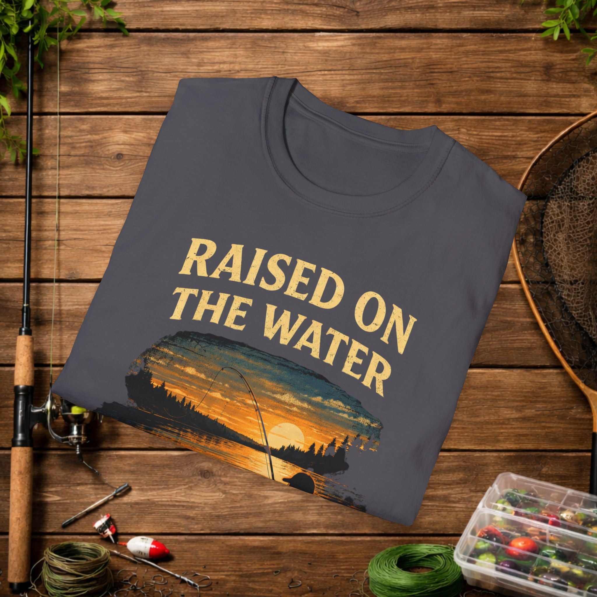 Raised On The Water Shirt – Fishing Dad Tee – Sunset Lake Fishing Shirt – Father Son Fishing Gift – Outdoor Lifestyle Apparel