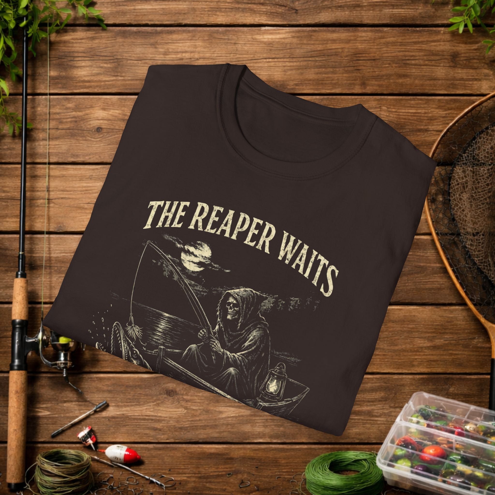 Musky Fishing Shirt – The Reaper Waits – Grim Reaper Fishing Tee – Muskie Angler Gift – Dark Fishing T-Shirt