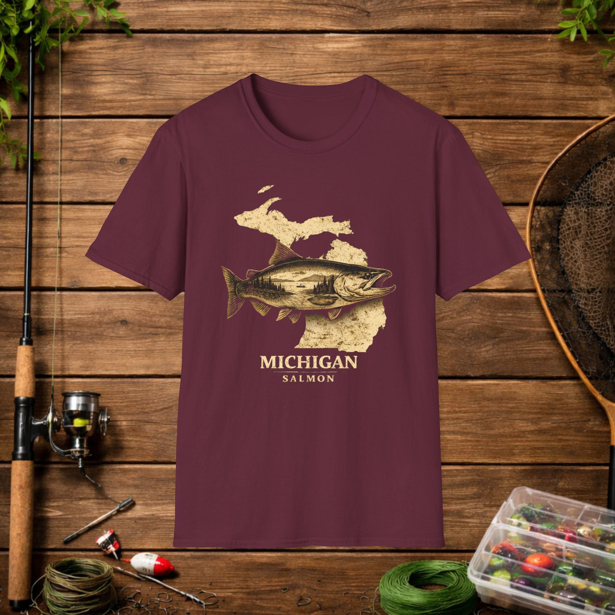 Michigan Salmon Fishing Shirt – Vintage Michigan Angler Tee – Great Lakes Salmon Fishing Apparel – Fisherman Gift
