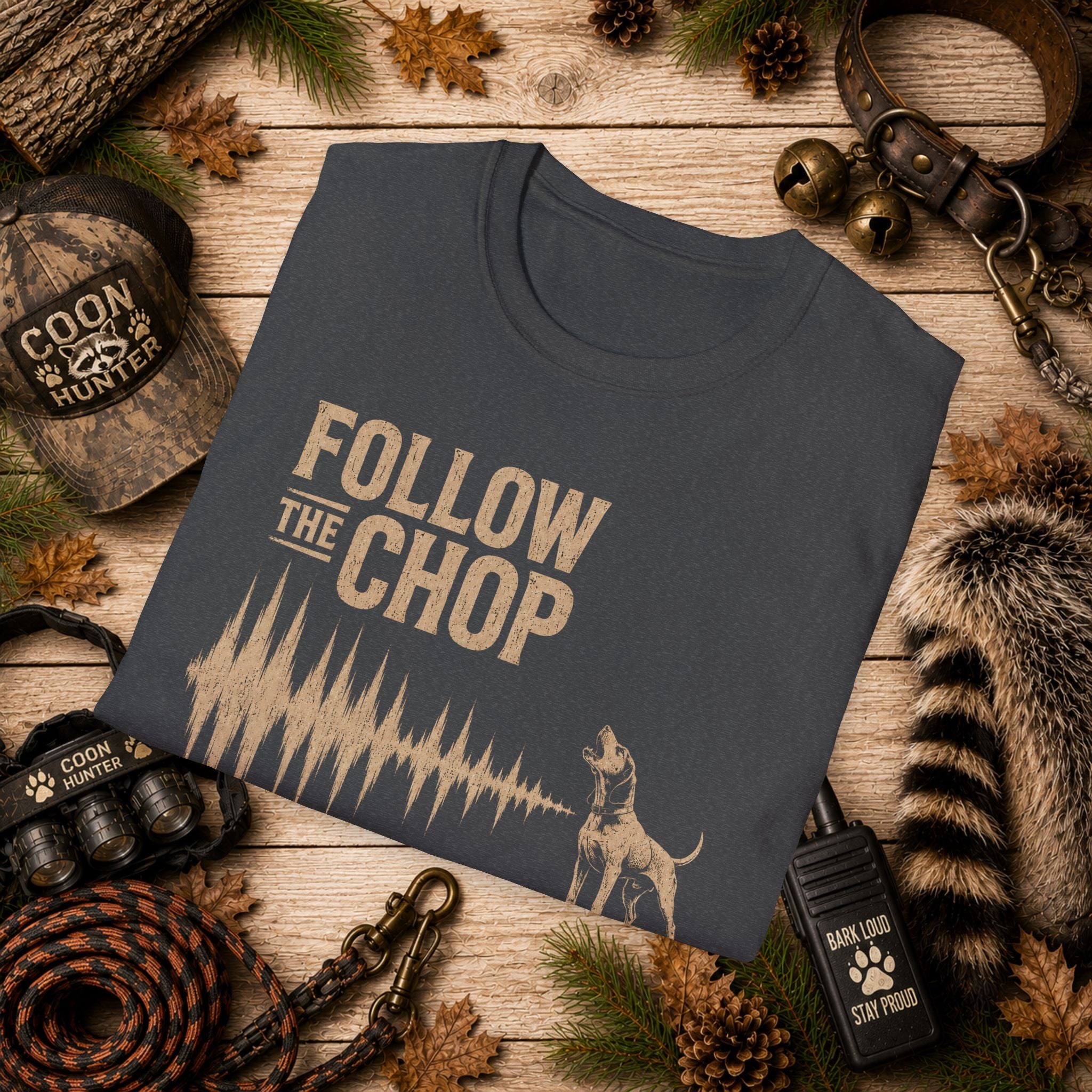 Follow The Chop Coon Hunting T-Shirt | Houndsman Dog Waveform Graphic Tee | Wild Wonderful Wear