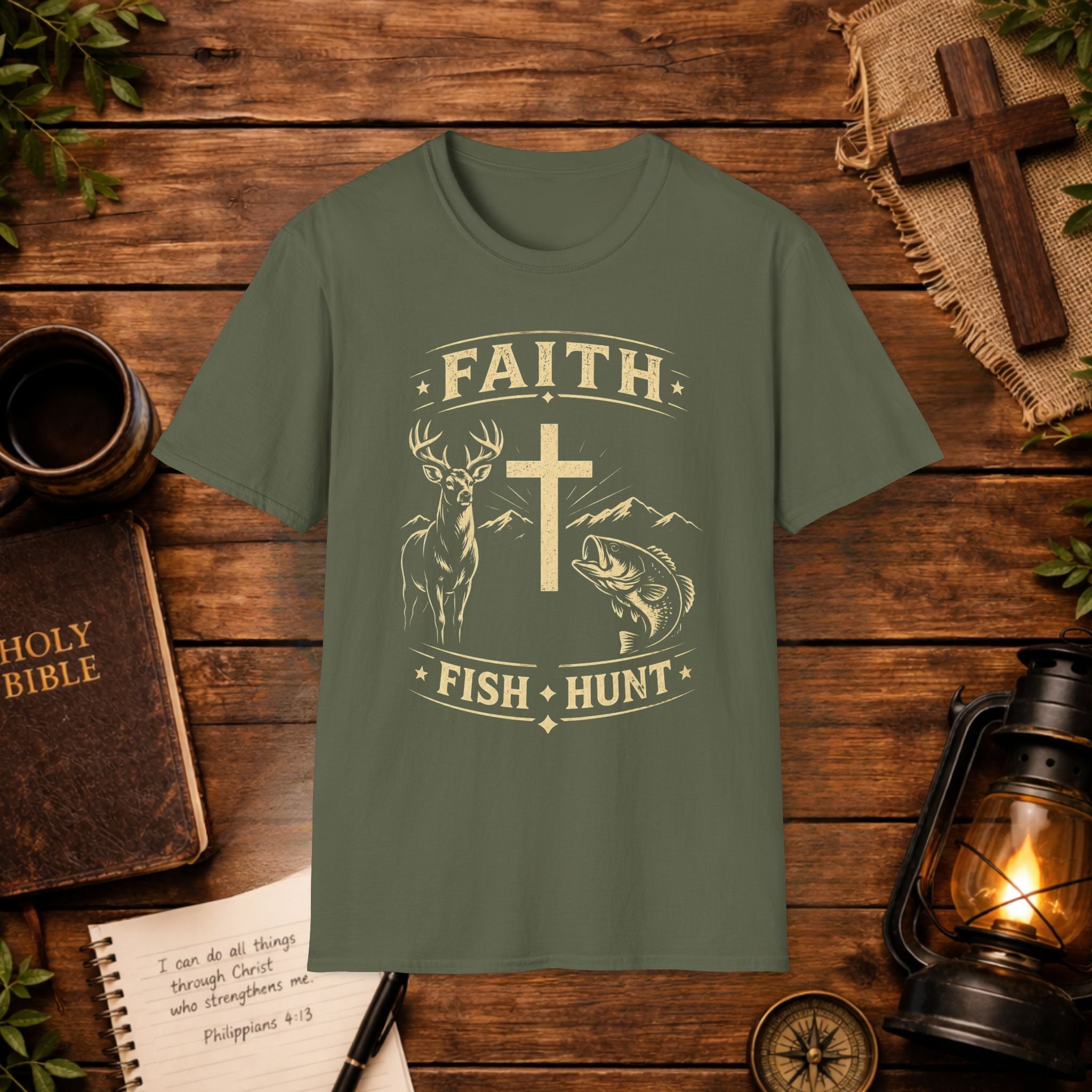 Faith Cross Deer & Fish T-Shirt — Christian Hunting & Fishing Graphic Tee