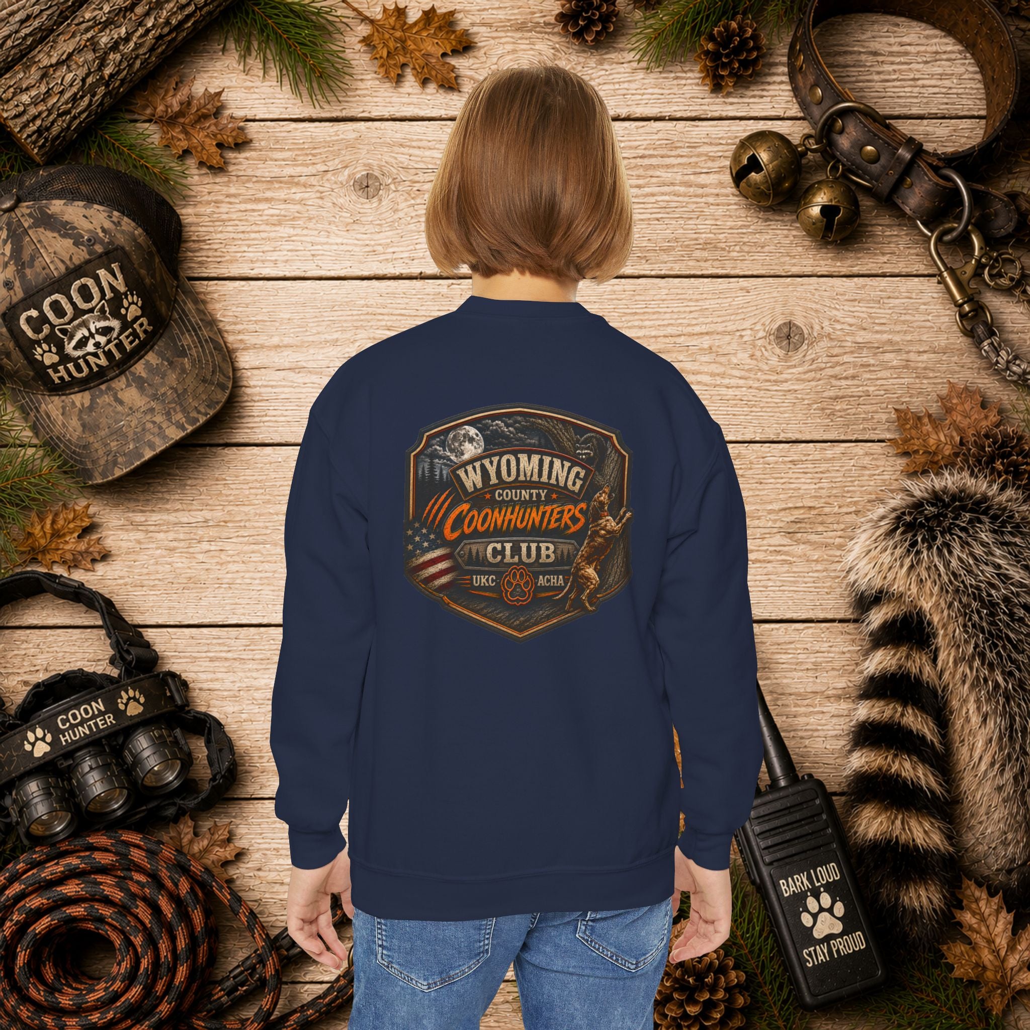 Youth Crewneck Sweatshirt — Wyoming County Coonhunters Club Graphic