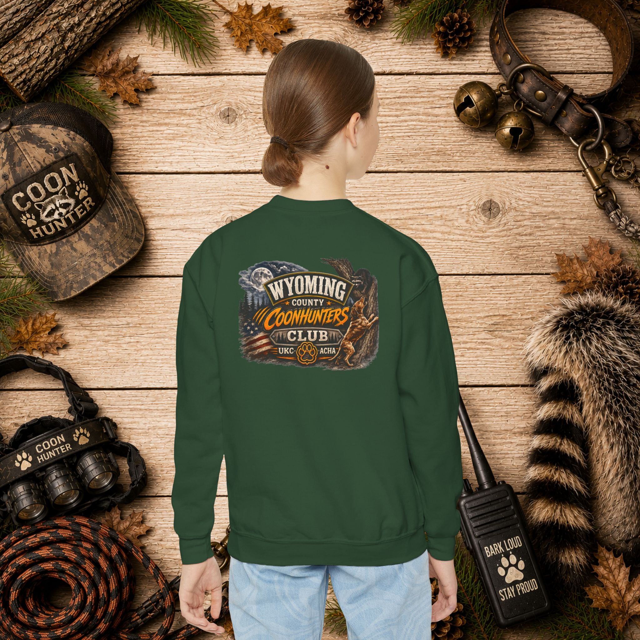 Youth Crewneck Sweatshirt — Wyoming Coonhunters Club Vintage Hunting Graphic Dual print Badge front/Banner back