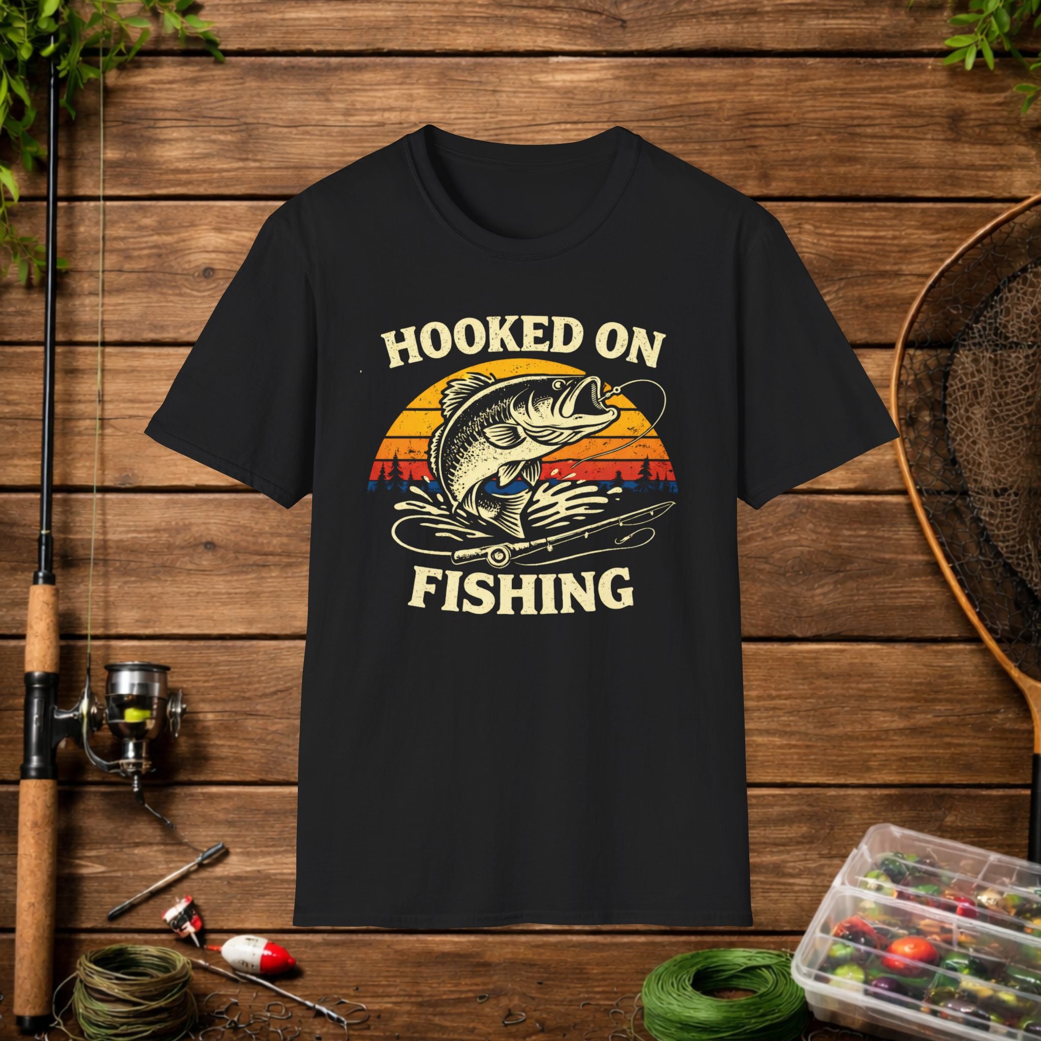 Hooked on Fishing Retro Sunset Shirt – Bass Fishing T-Shirt – Vintage Fisherman Tee – Largemouth Bass Angler Gift