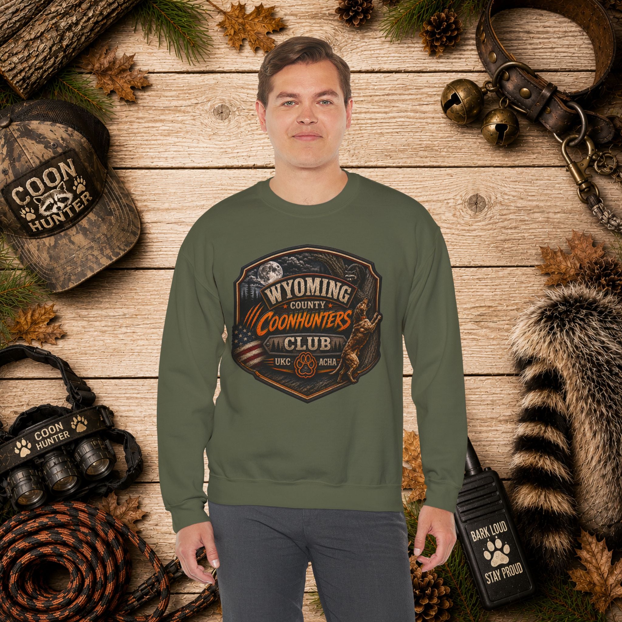 Wyoming Coonhunters Club Crewneck Sweatshirt Dual Print Badge front/Banner back