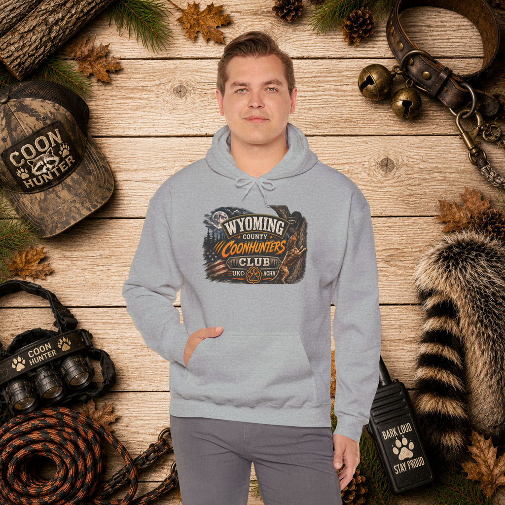 Wyoming Coonhunters Club Hoodie – Vintage Coon Hunting Graphic Dual print Banner front/Badge Back