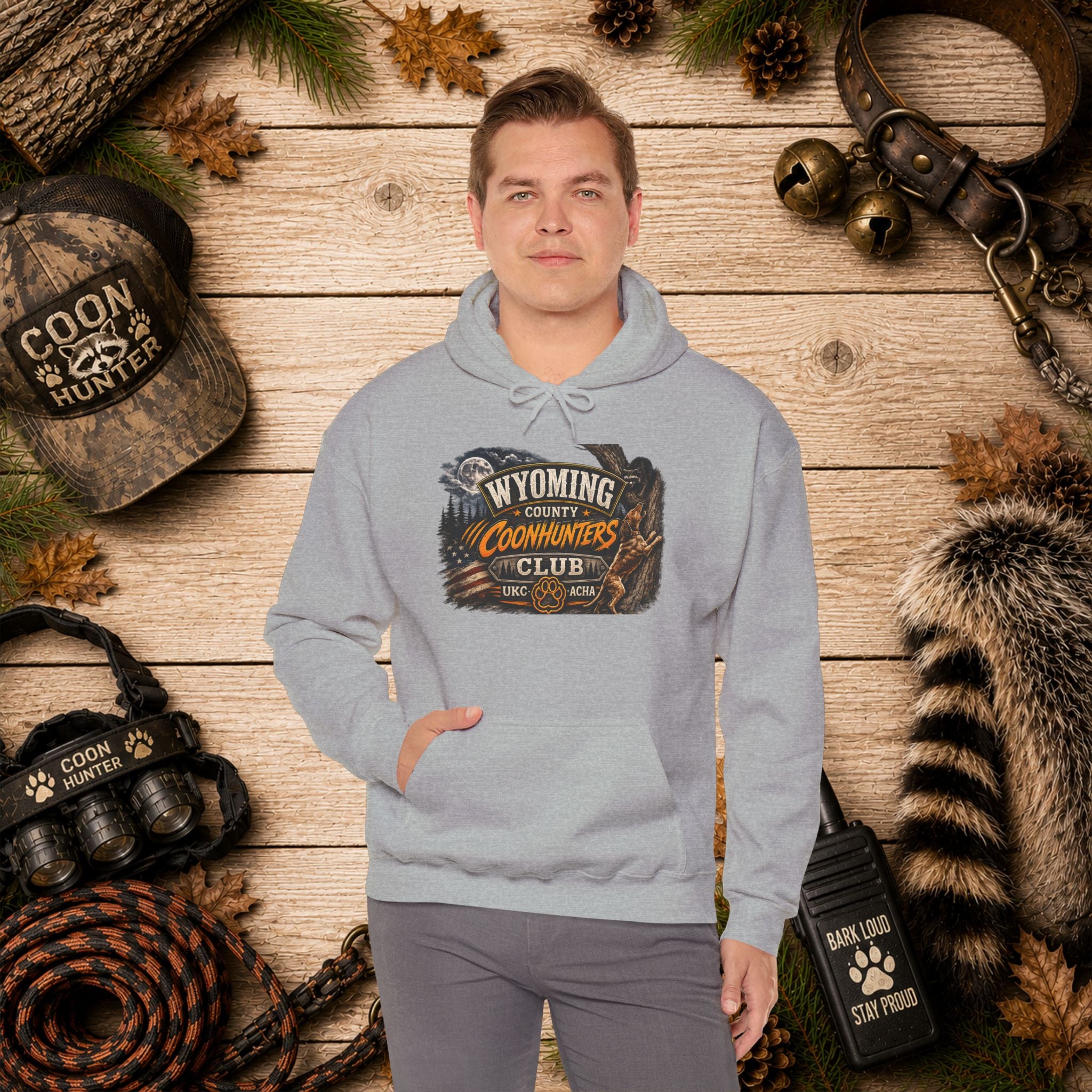 Wyoming Coonhunters Club Hoodie – Vintage Coon Hunting Graphic Dual print Banner front/Badge Back