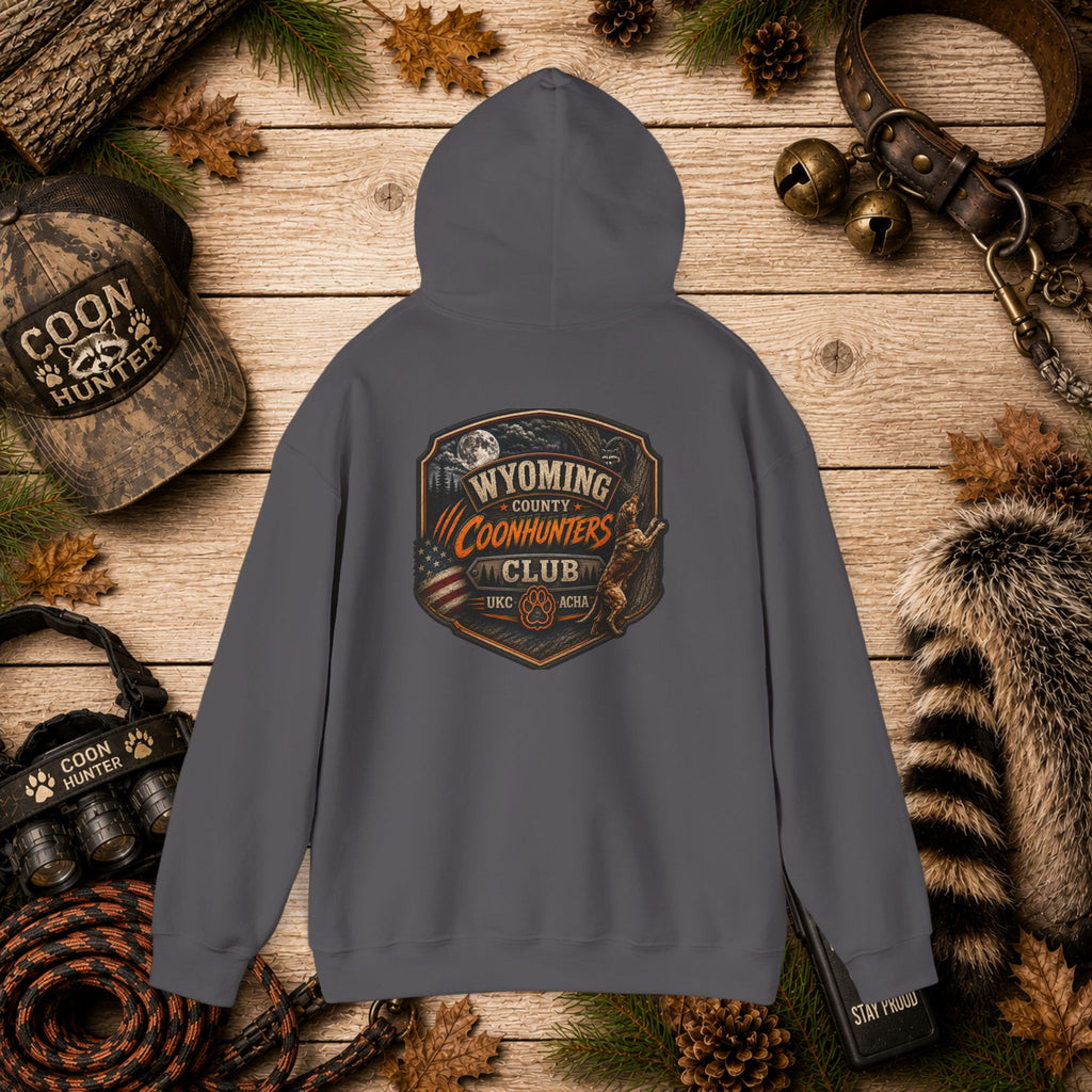 Wyoming County Coonhunters Club Hoodie – Rustic Hunting Badge Sweatshirt